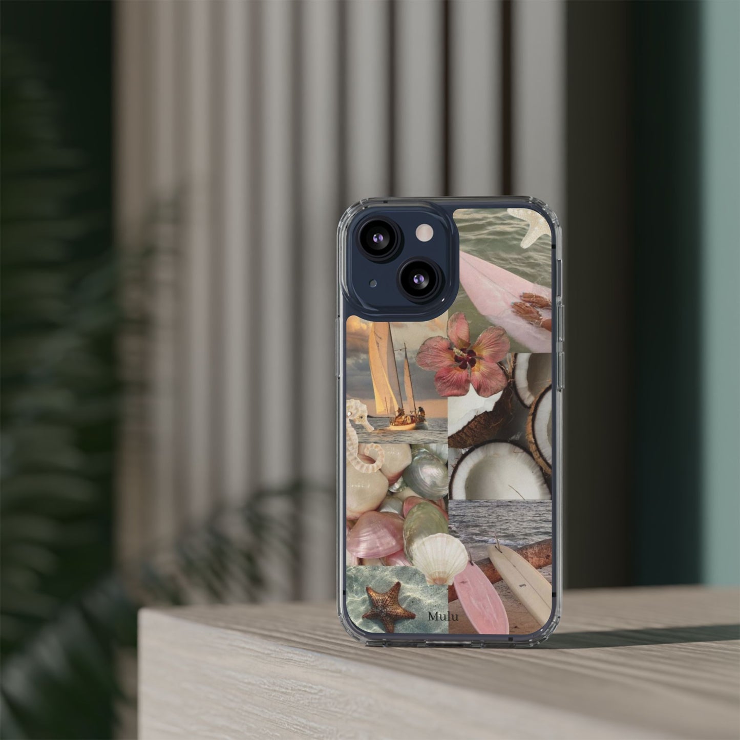 Clear Phone Case — Coastal Collage Shells & Surf Design