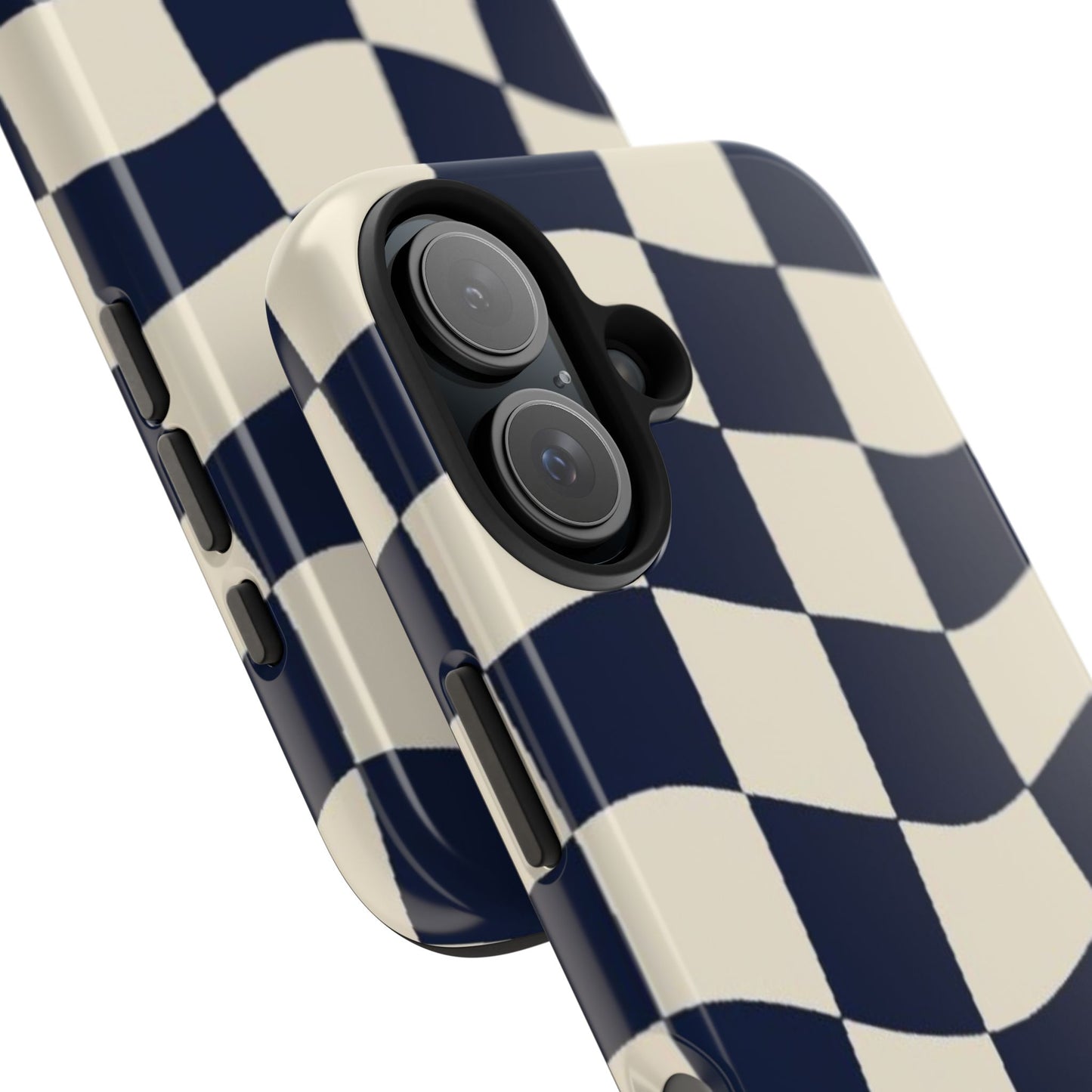 Wavy Checkerboard Tough Phone Case — Navy & Cream Protective Cover