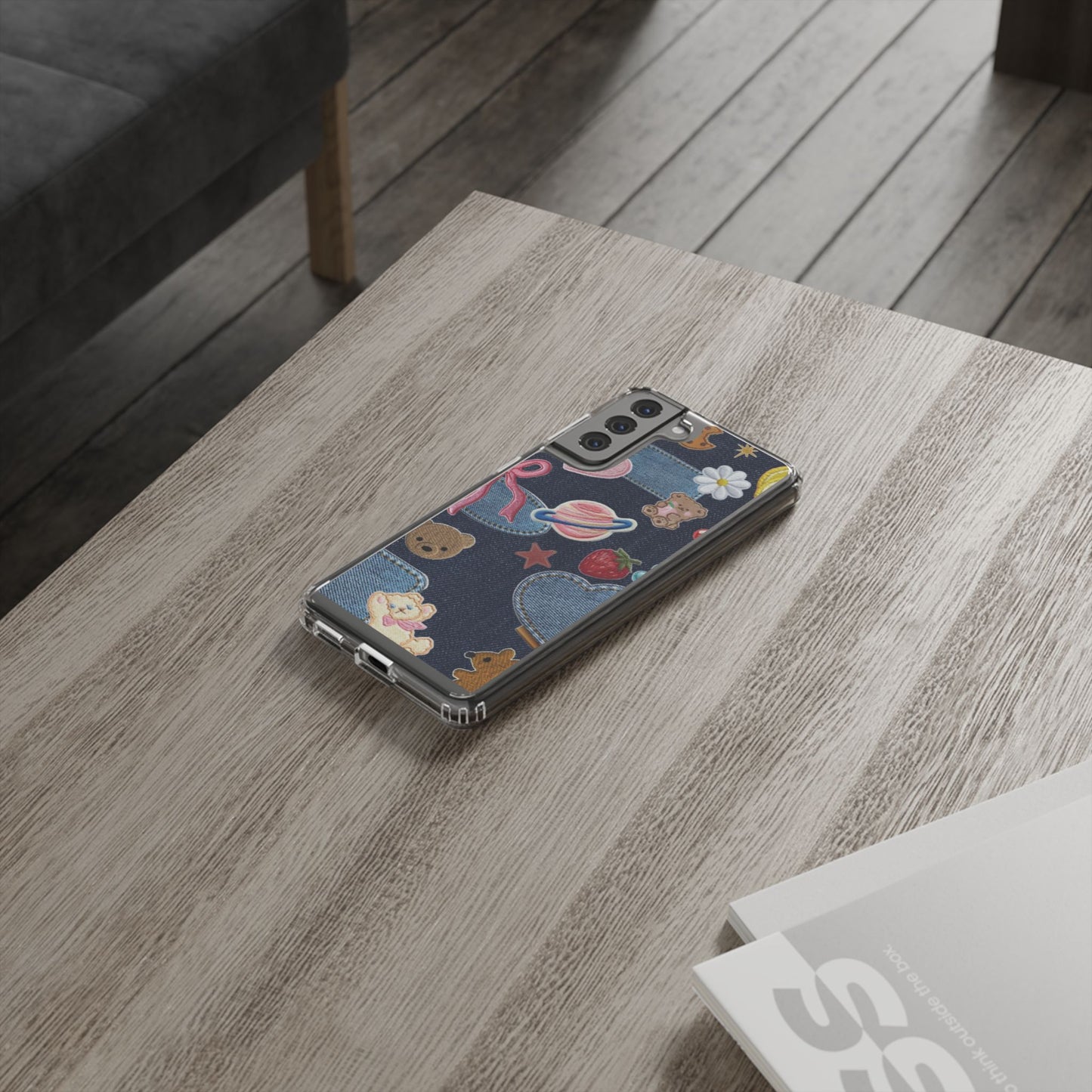 Clear Impact-Resistant Phone Case — Cute Denim Patch Collage (Teddy, Strawberry, Planet)