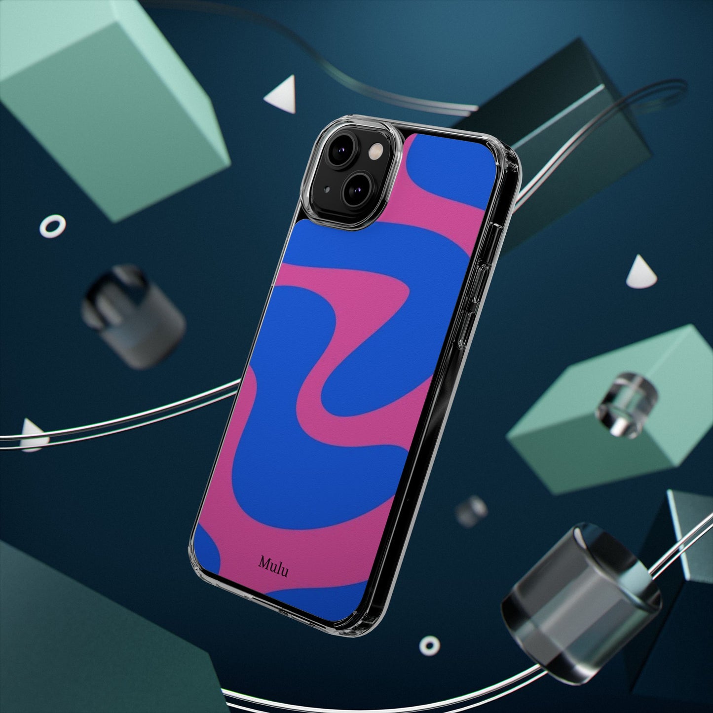 Clear Impact-Resistant Phone Case — Retro Blue & Pink Abstract Swirl