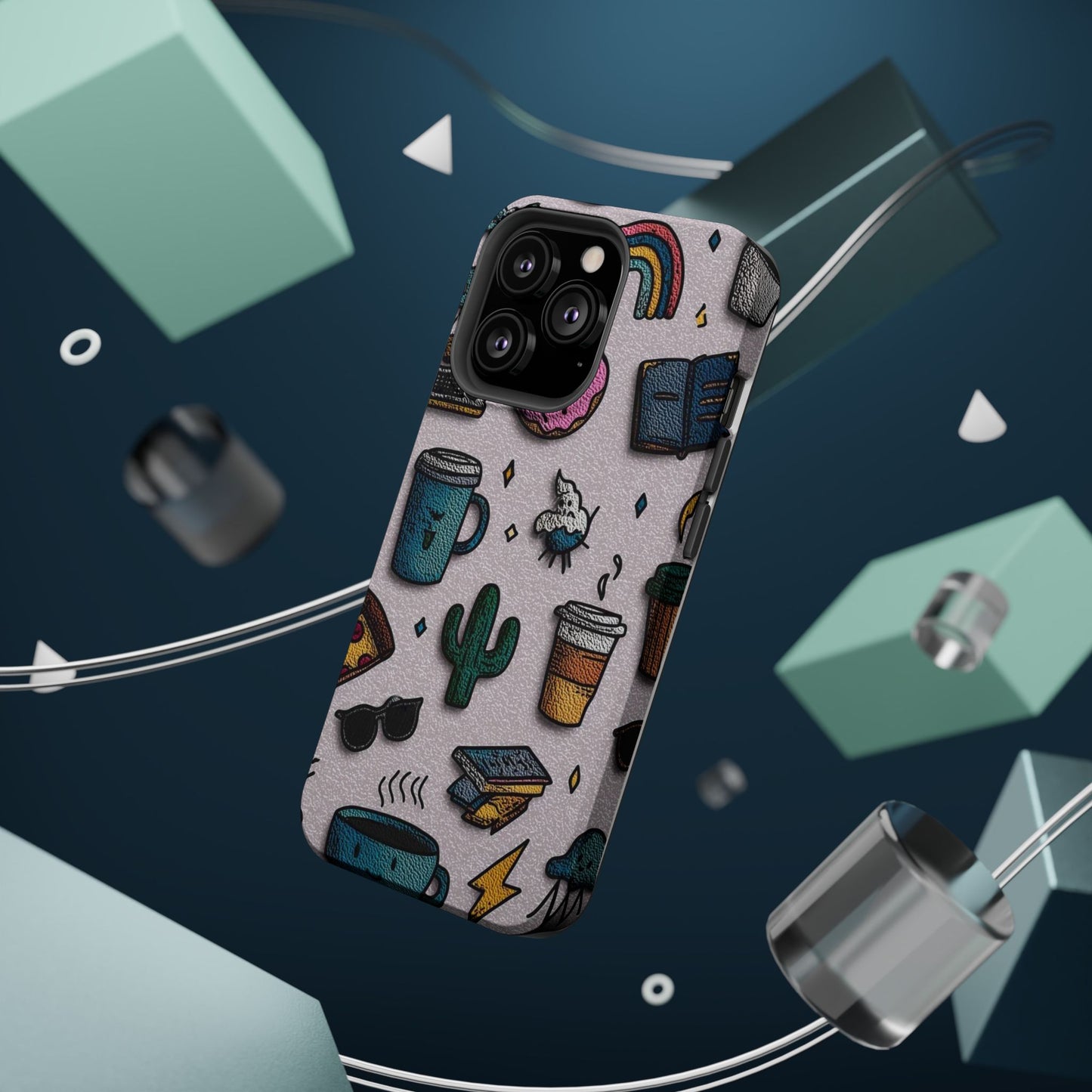 Cute Doodle Phone Case — Magnetic Impact-Resistant Design (coffee, rainbow, cactus)