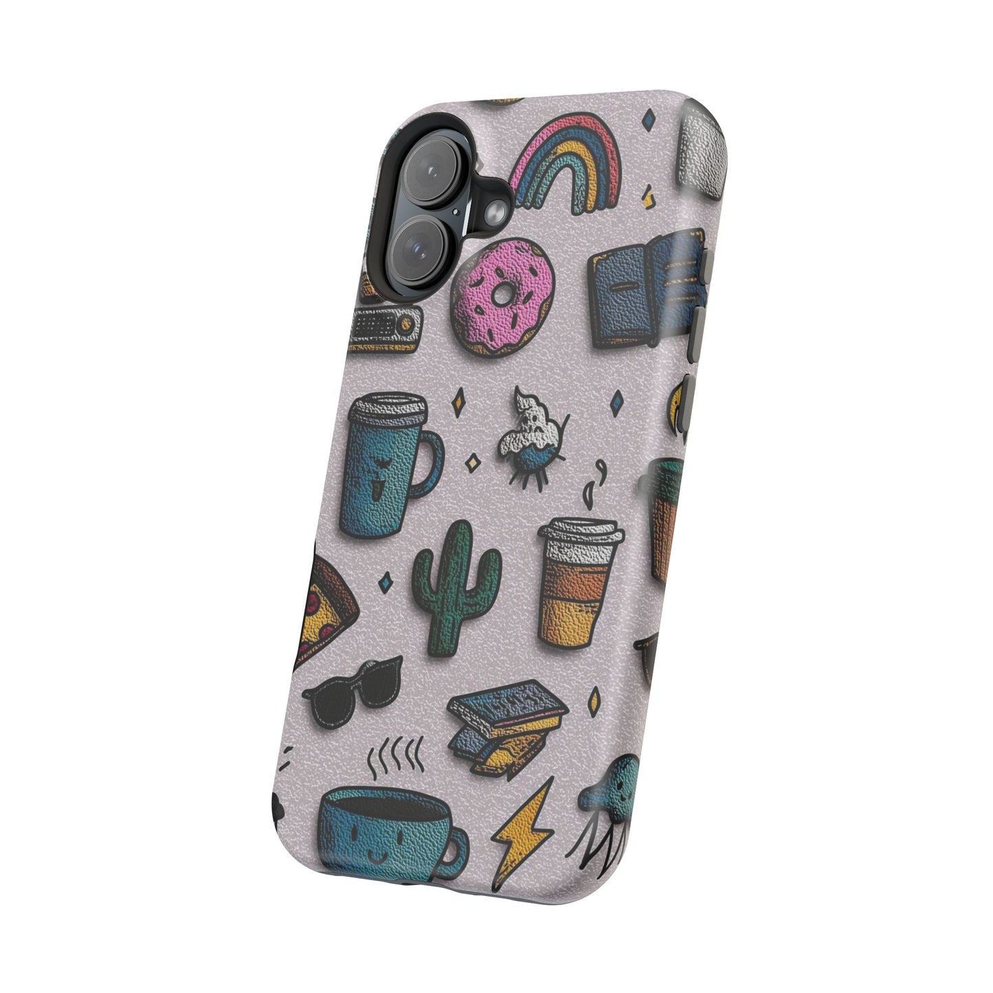 Cute Doodle Phone Case — Magnetic Impact-Resistant Design (coffee, rainbow, cactus)