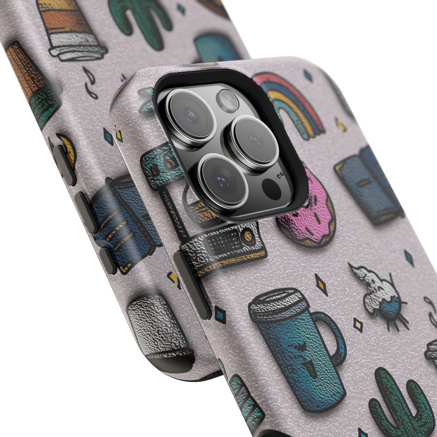 Cute Doodle Phone Case — Magnetic Impact-Resistant Design (coffee, rainbow, cactus)