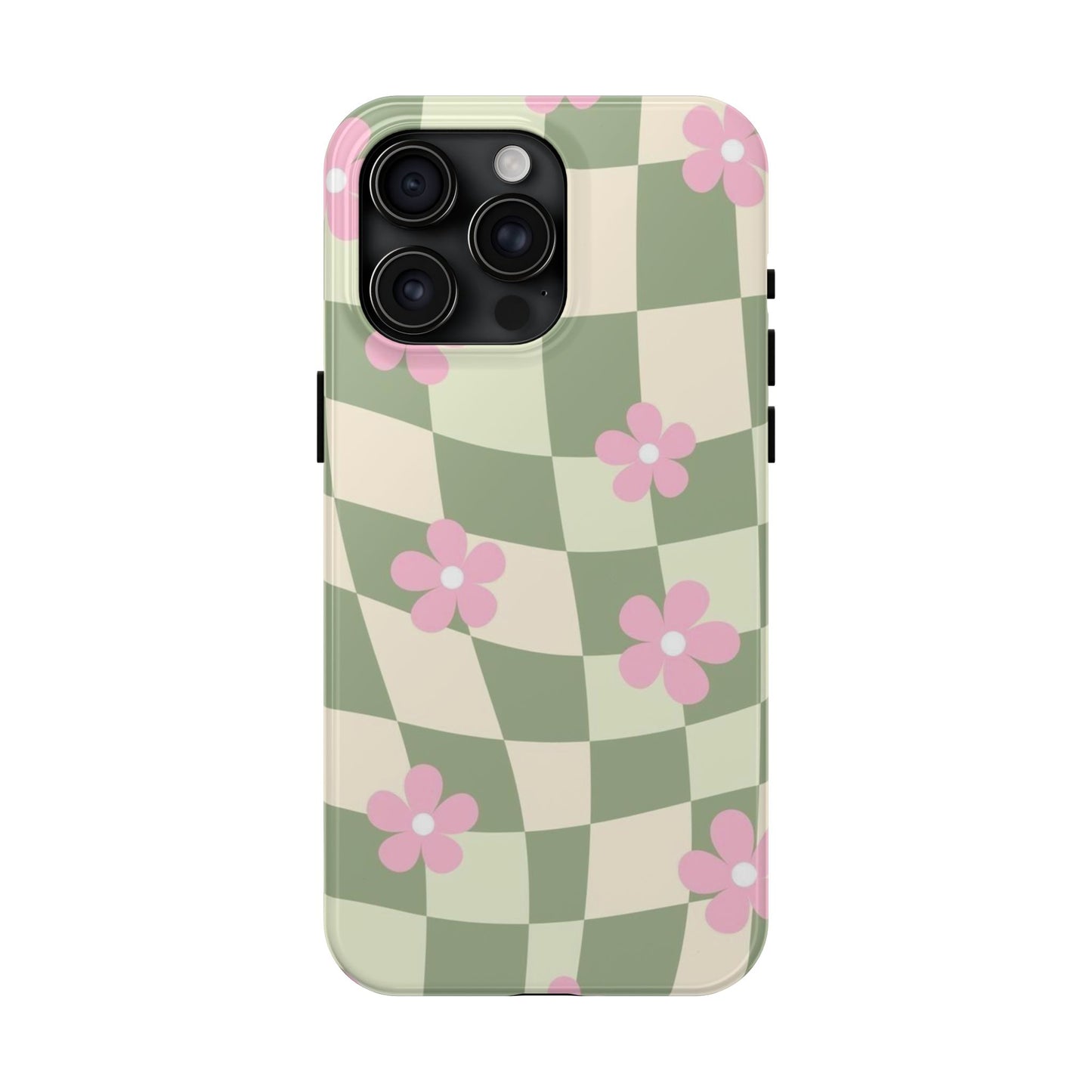 Tough Phone Case — Retro Green Checkerboard with Pink Flowers