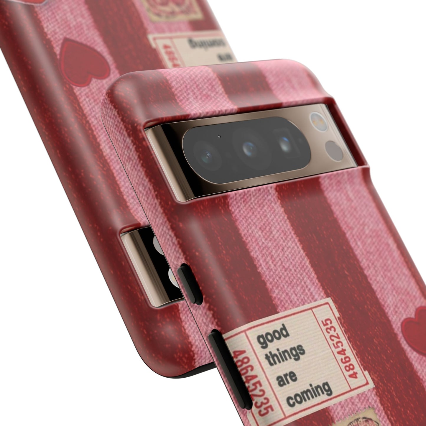 Phone Case — Red Striped Heart Design with “Good Things Are Coming”