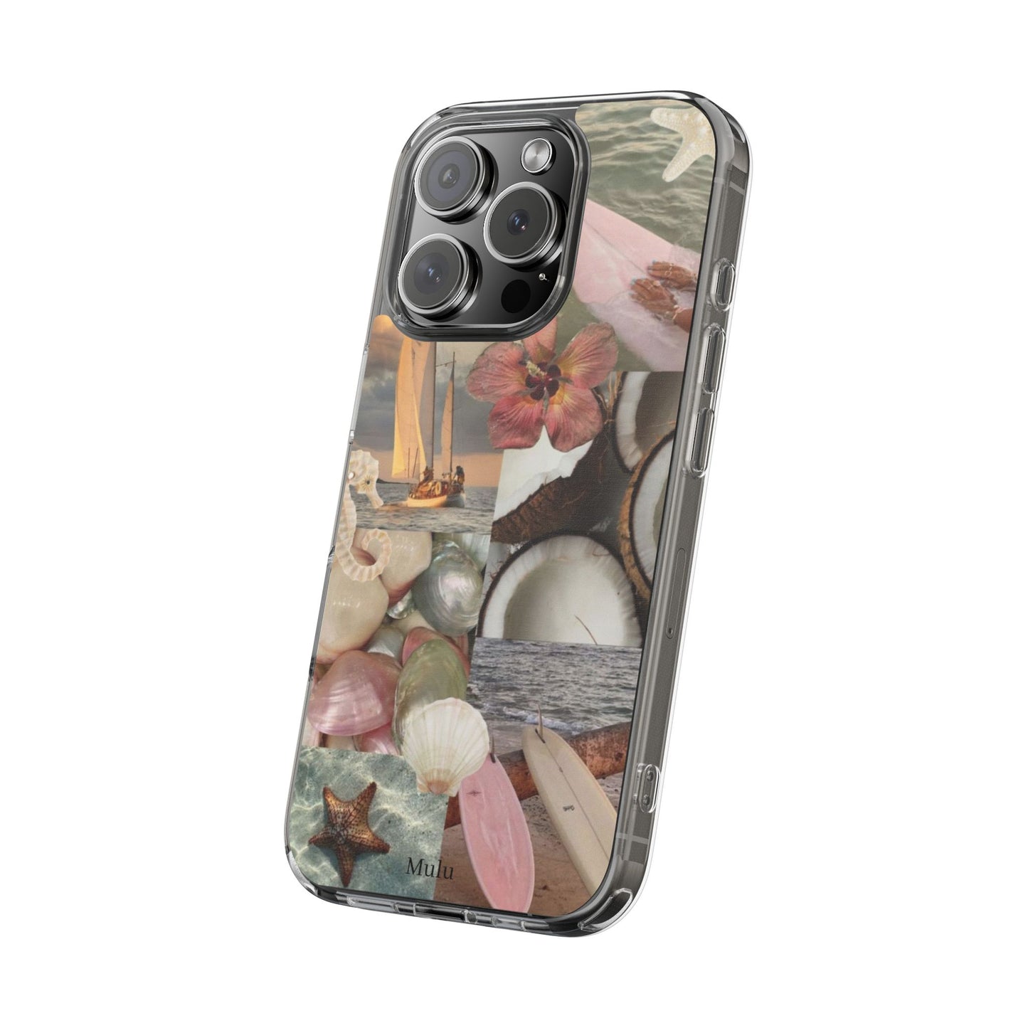 Clear Phone Case — Coastal Collage Shells & Surf Design