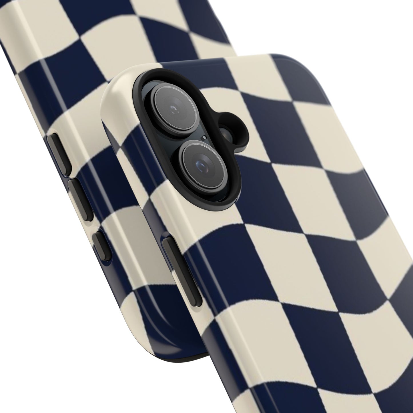 Wavy Checkerboard Tough Phone Case — Navy & Cream Protective Cover