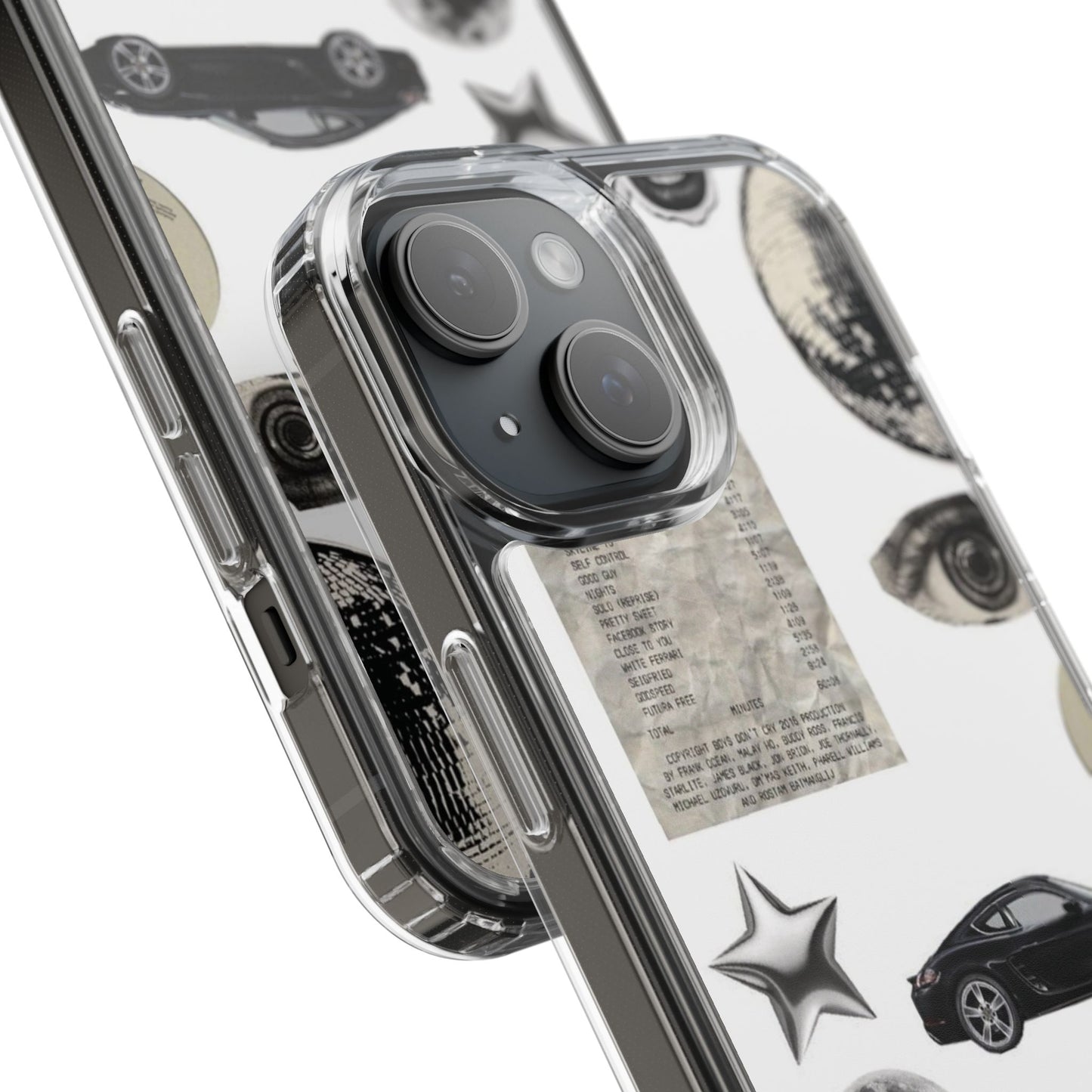 Clear Phone Case — Vintage Collage Stickers (Moon, Eye, Car, Cherries)