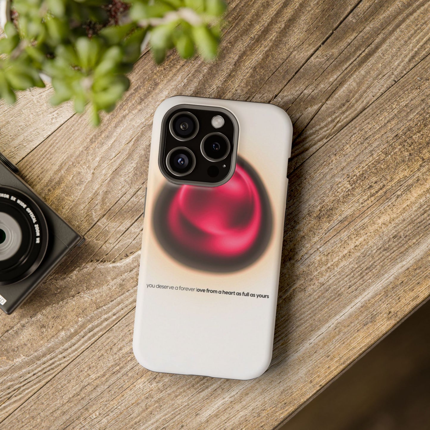 Protective Phone Case — Red Pearl Heart Design with 'You deserve a forever love' Text