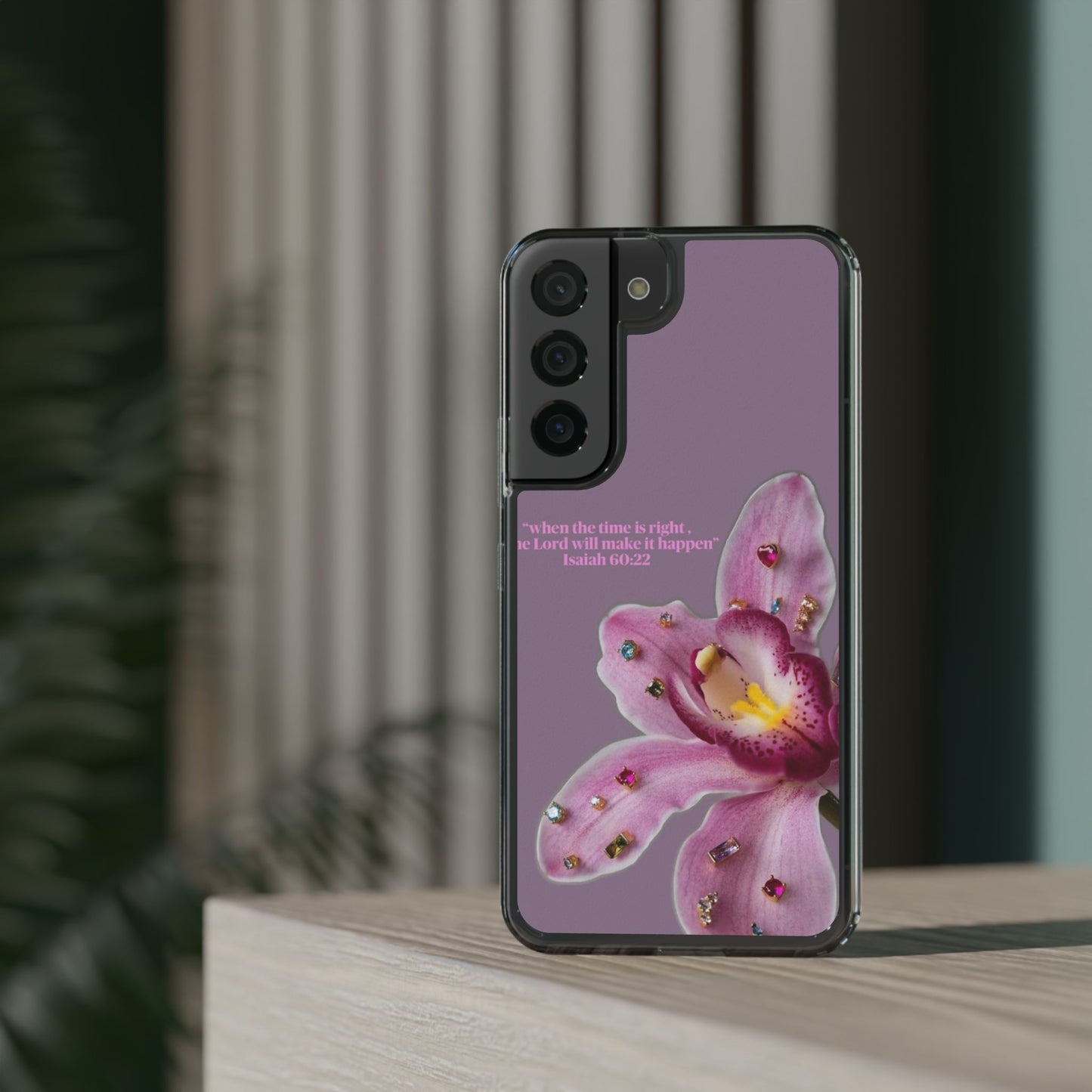 Clear Floral Impact-Resistant Phone Case — "When the time is right" Rose Orchid Design