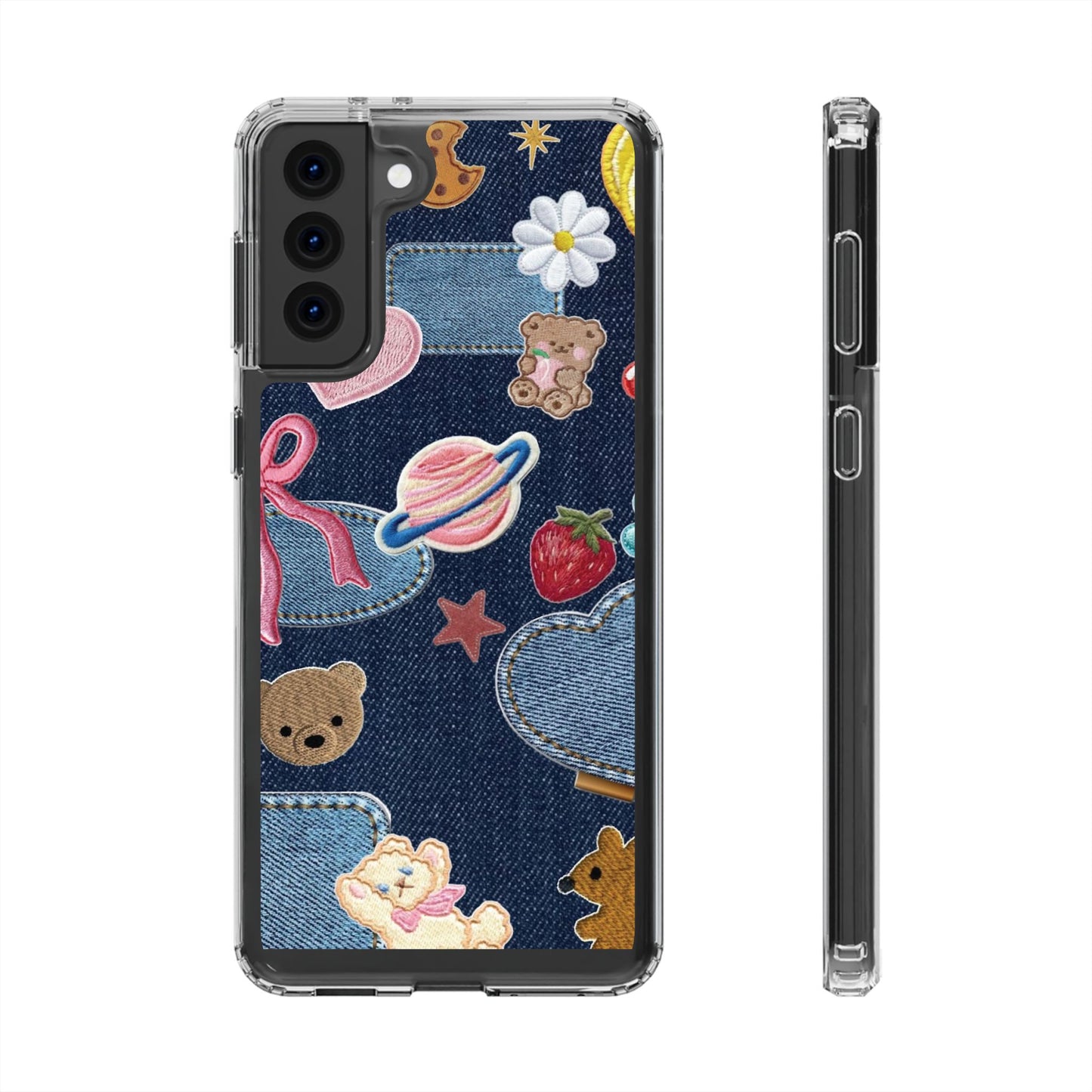 Clear Impact-Resistant Phone Case — Cute Denim Patch Collage (Teddy, Strawberry, Planet)