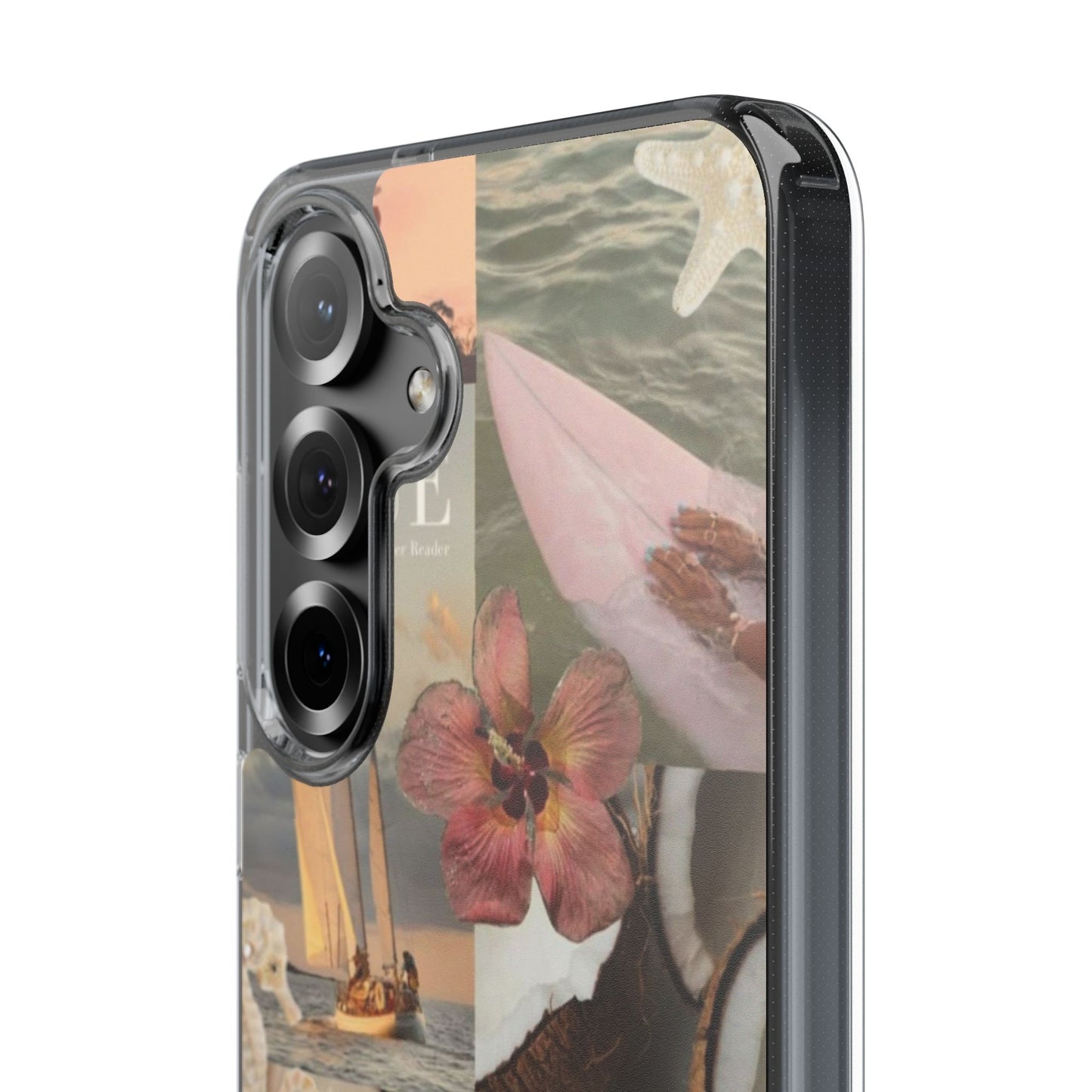 Clear Phone Case — Coastal Collage Shells & Surf Design