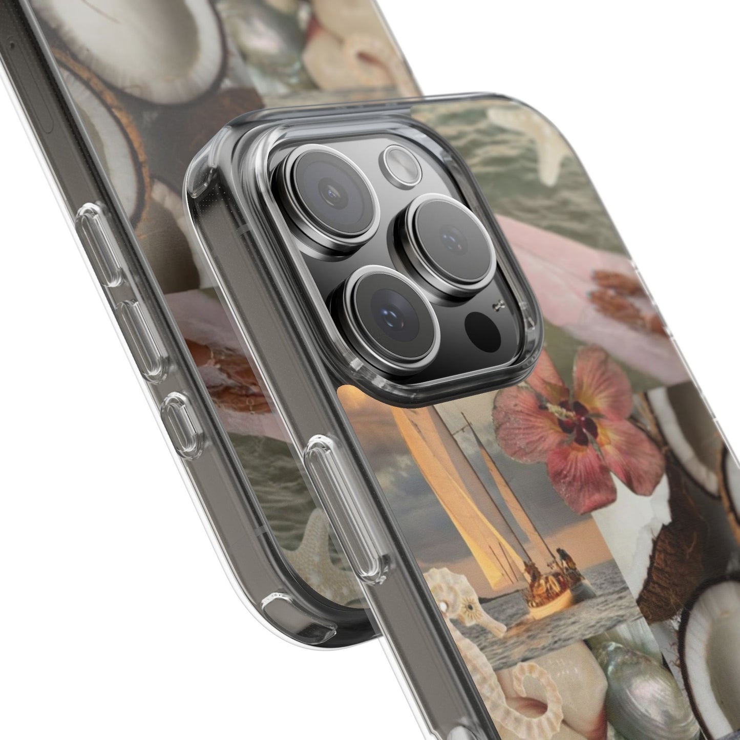 Clear Phone Case — Coastal Collage Shells & Surf Design