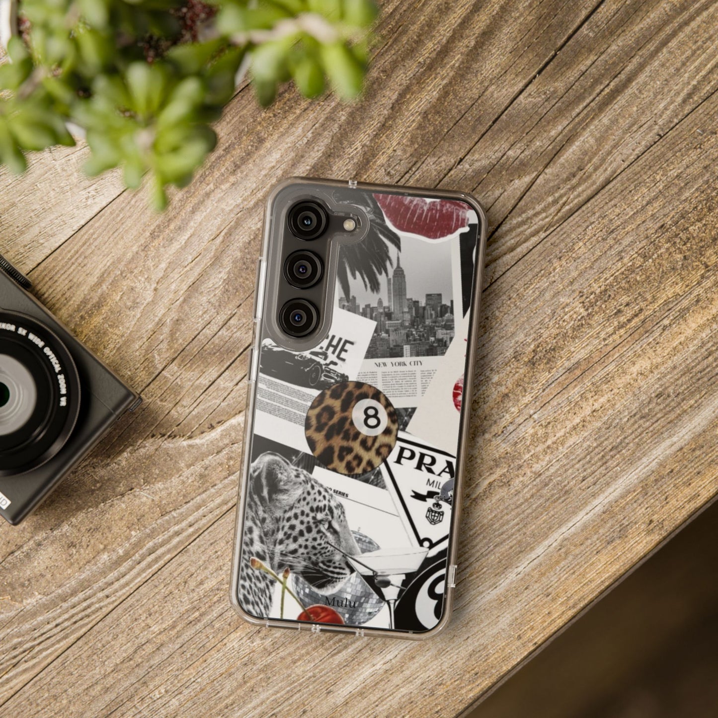 Clear Impact-Resistant Phone Case — Collage Luxury Leopard & Vintage Car Design