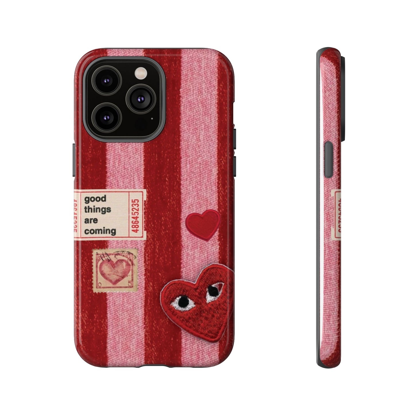Phone Case — Red Striped Heart Design with “Good Things Are Coming”