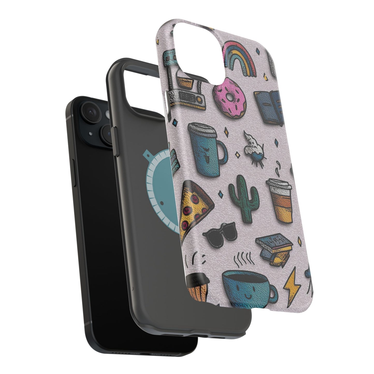Cute Doodle Phone Case — Magnetic Impact-Resistant Design (coffee, rainbow, cactus)