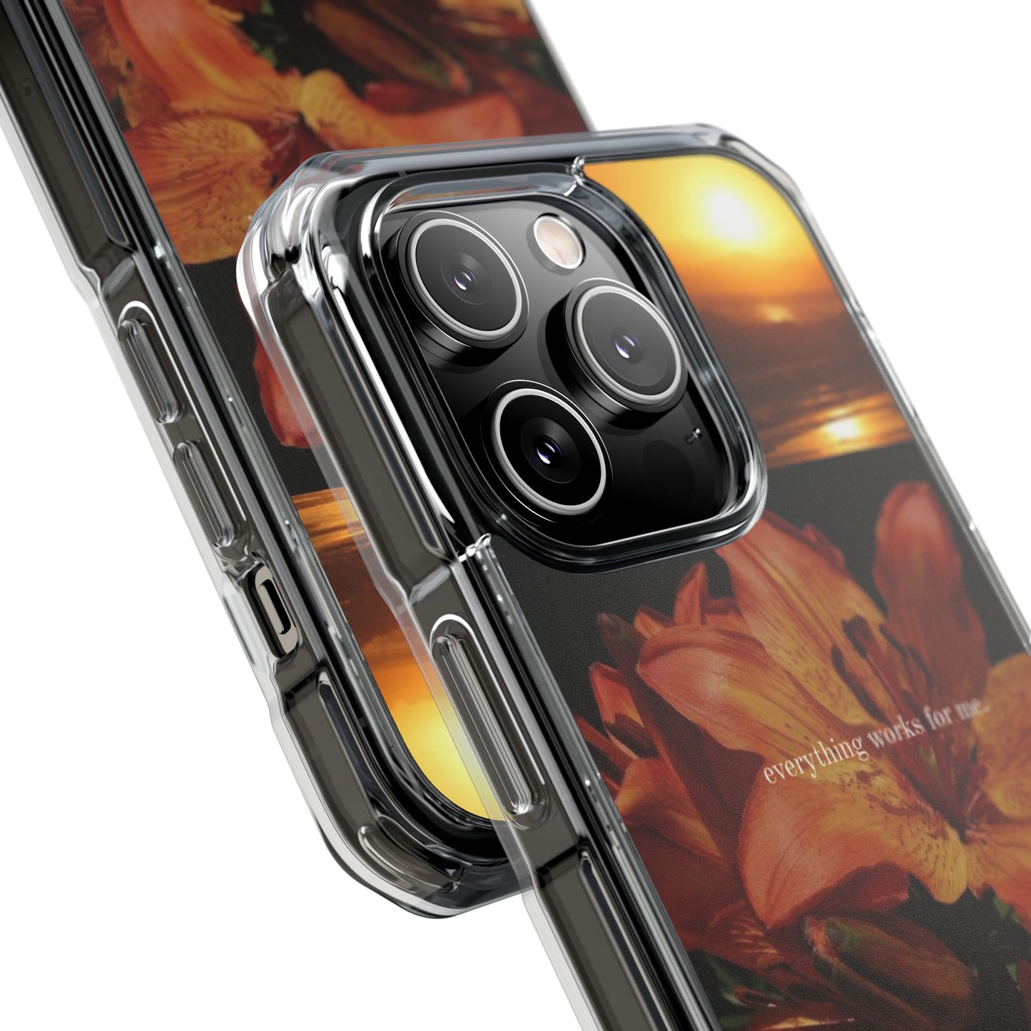 Clear Magnetic Phone Case — Sunset Lily Design ("anything waits for you")