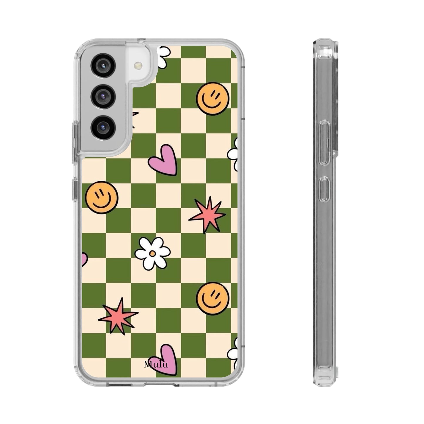 Clear Impact-Resistant Case — Retro Green Checkerboard with Smiley, Hearts & Flowers