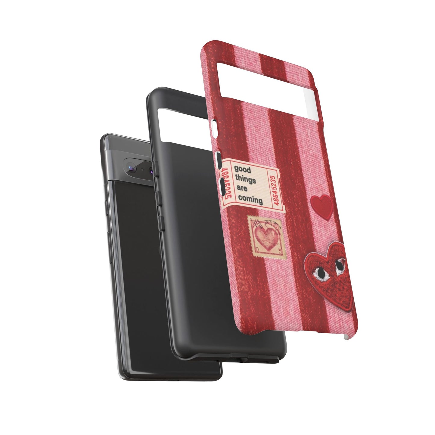 Phone Case — Red Striped Heart Design with “Good Things Are Coming”
