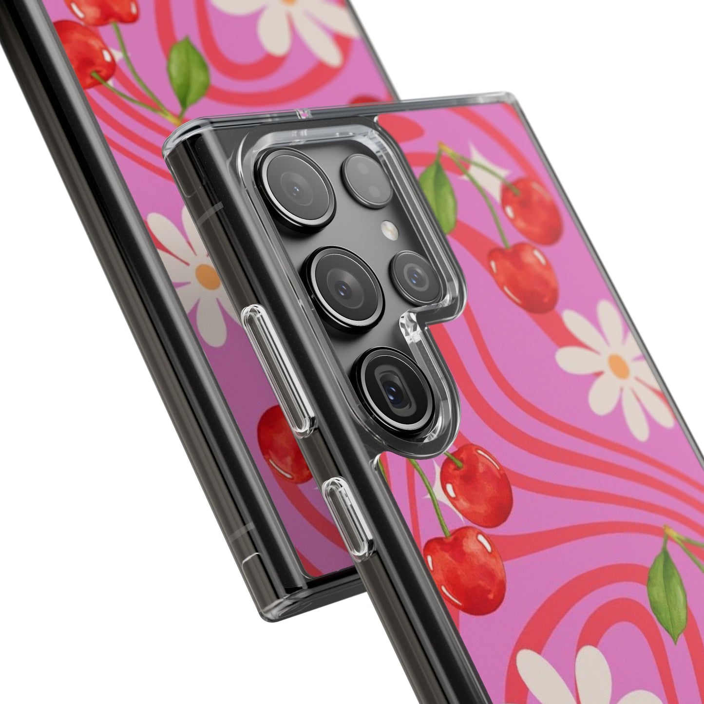 Clear Impact Phone Case — Retro Cherry & Daisy Floral Design