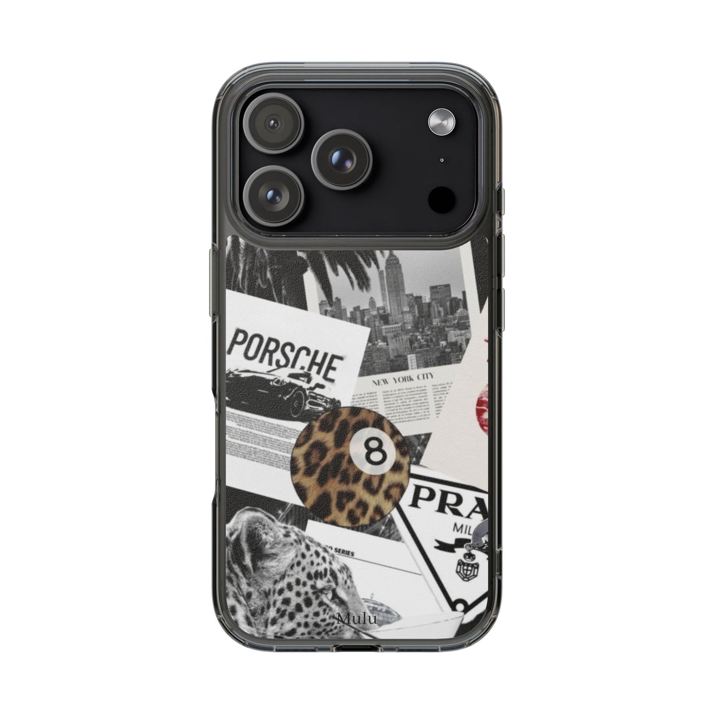 Clear Impact-Resistant Phone Case — Collage Luxury Leopard & Vintage Car Design