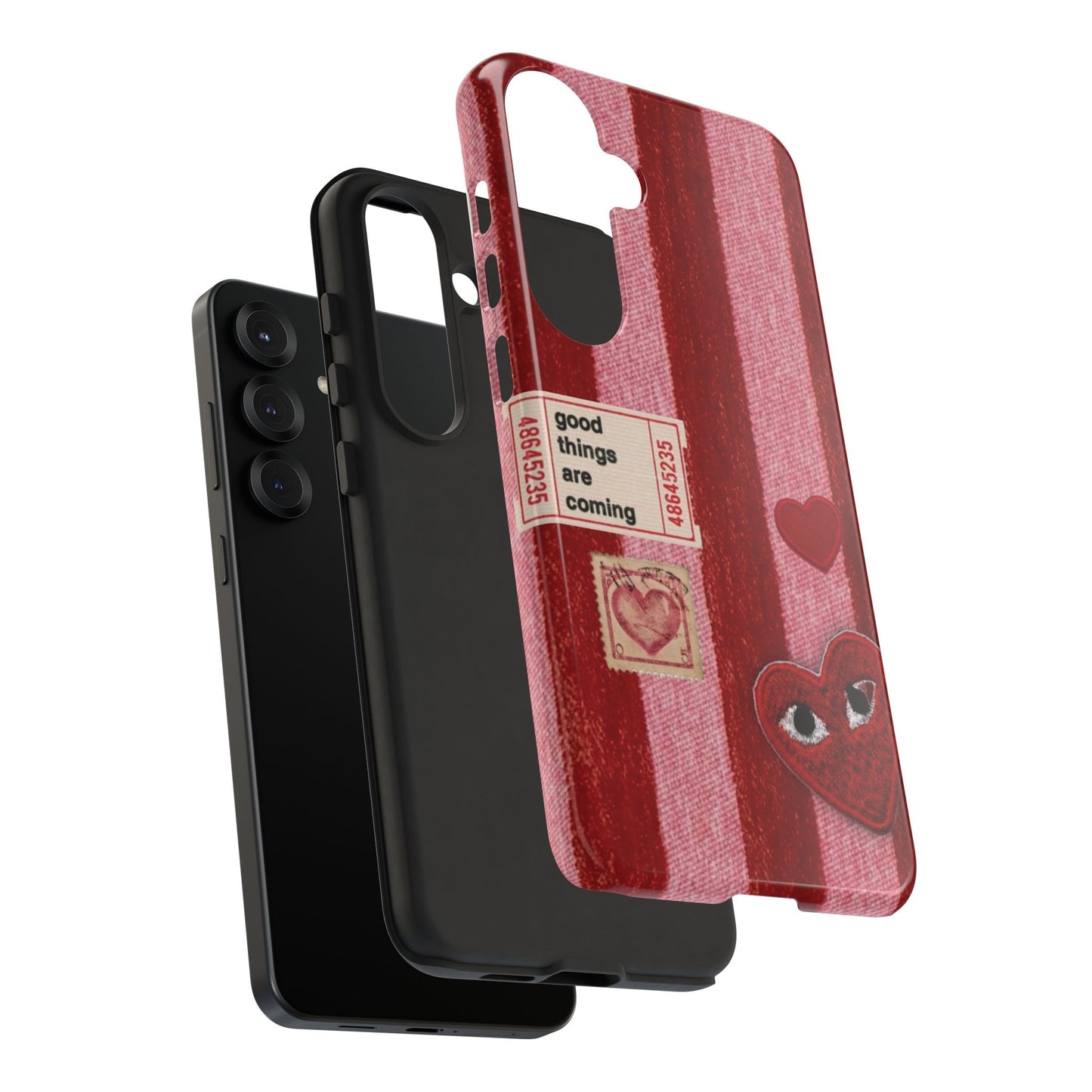 Phone Case — Red Striped Heart Design with “Good Things Are Coming”