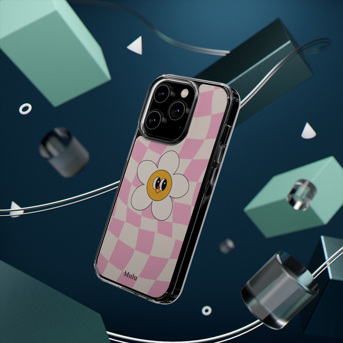 Clear Impact-Resistant Phone Case — Pink Checkerboard Daisy Design