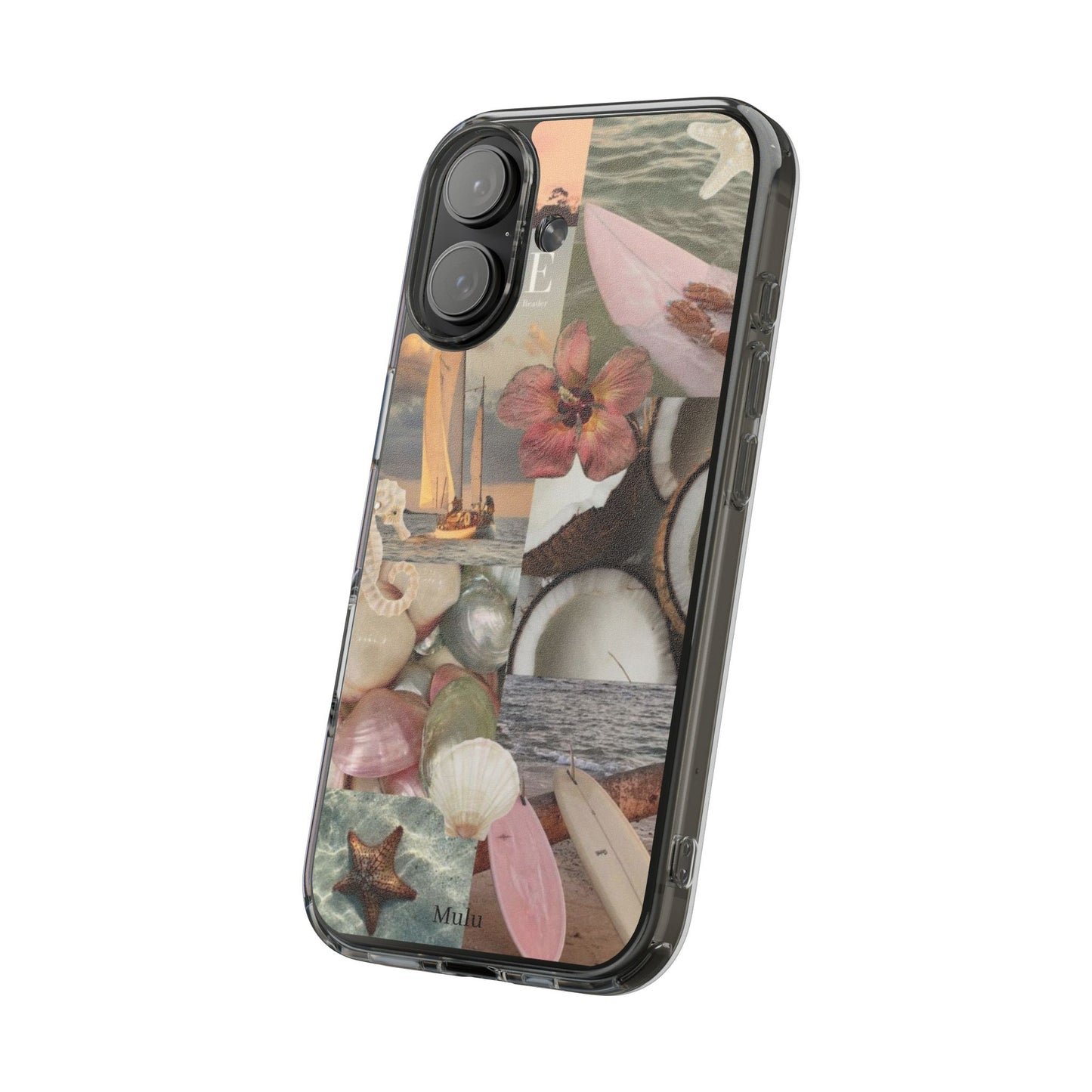 Clear Phone Case — Coastal Collage Shells & Surf Design