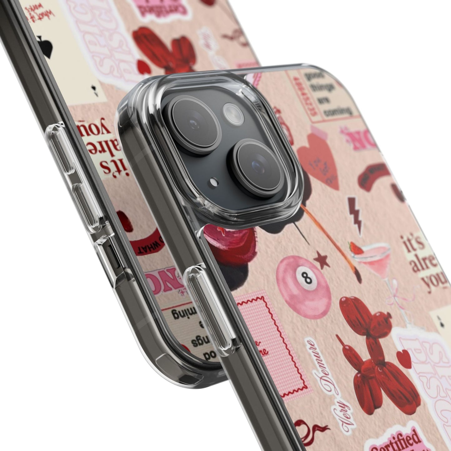 Clear Impact-Resistant Phone Case — Retro Cherry & Sticker Collage