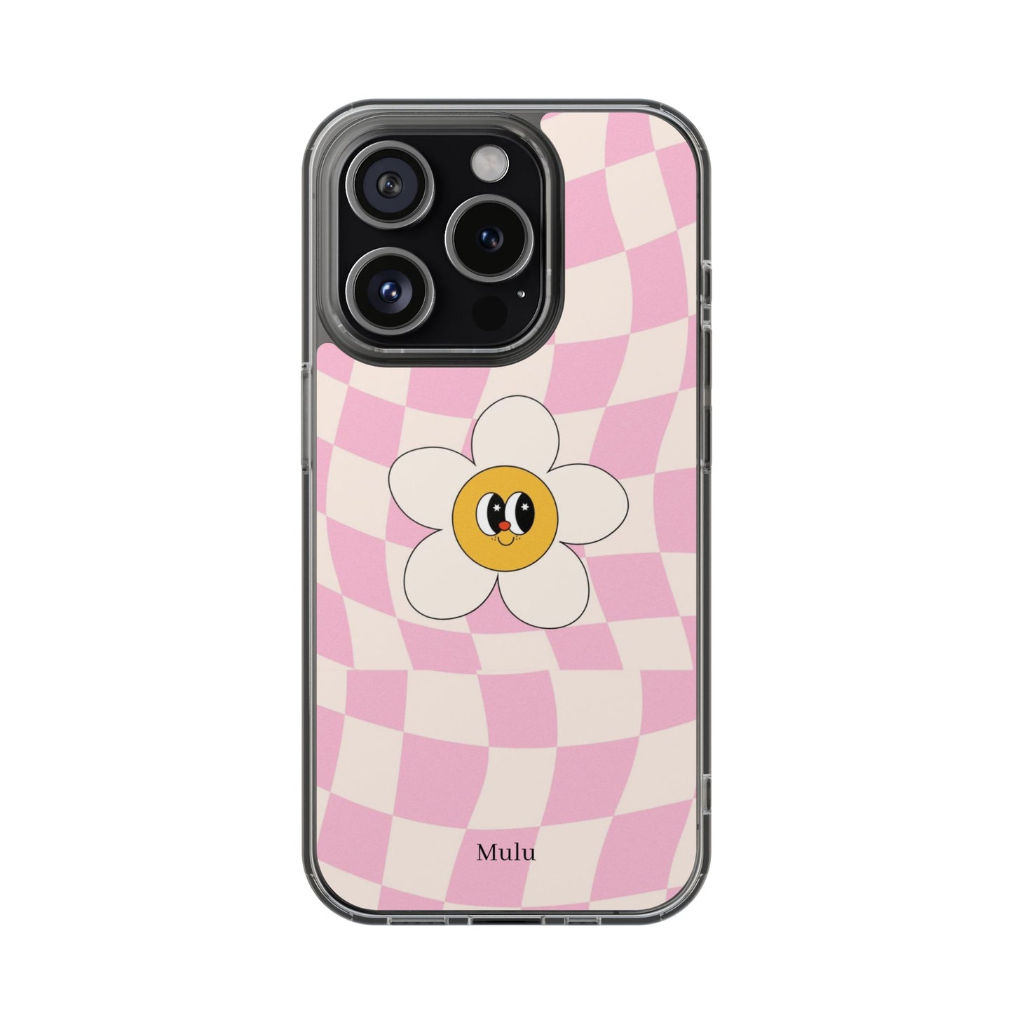 Clear Impact-Resistant Phone Case — Pink Checkerboard Daisy Design