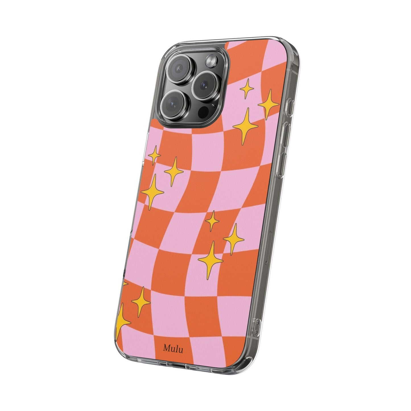 Clear Impact-Resistant Case — Retro Pink & Orange Checker with Sparkle Stars