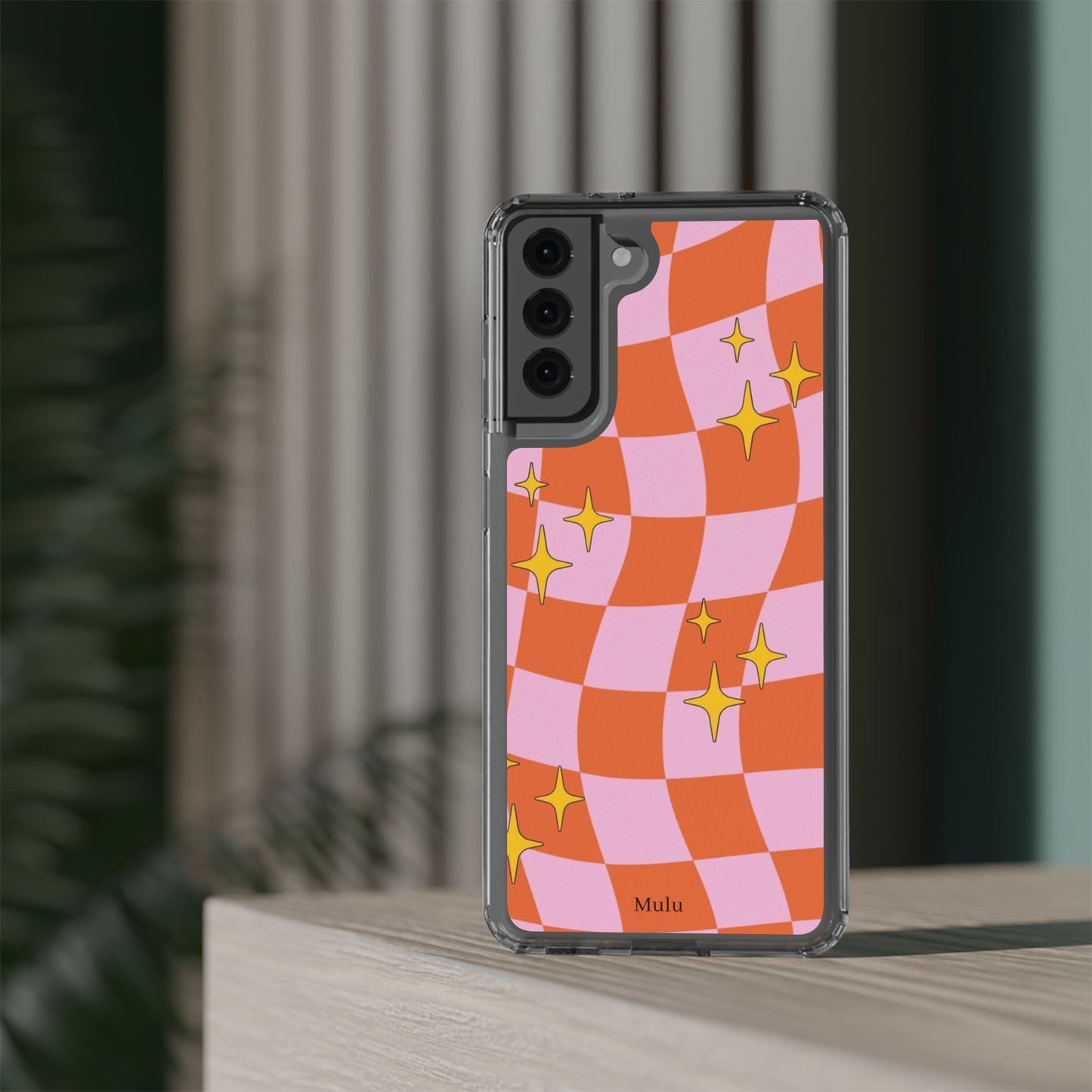 Clear Impact-Resistant Case — Retro Pink & Orange Checker with Sparkle Stars