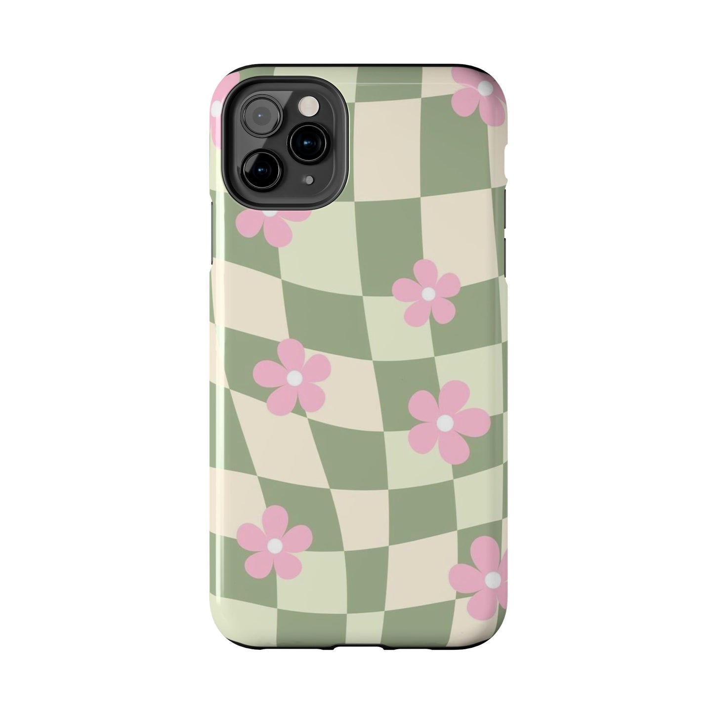 Tough Phone Case — Retro Green Checkerboard with Pink Flowers