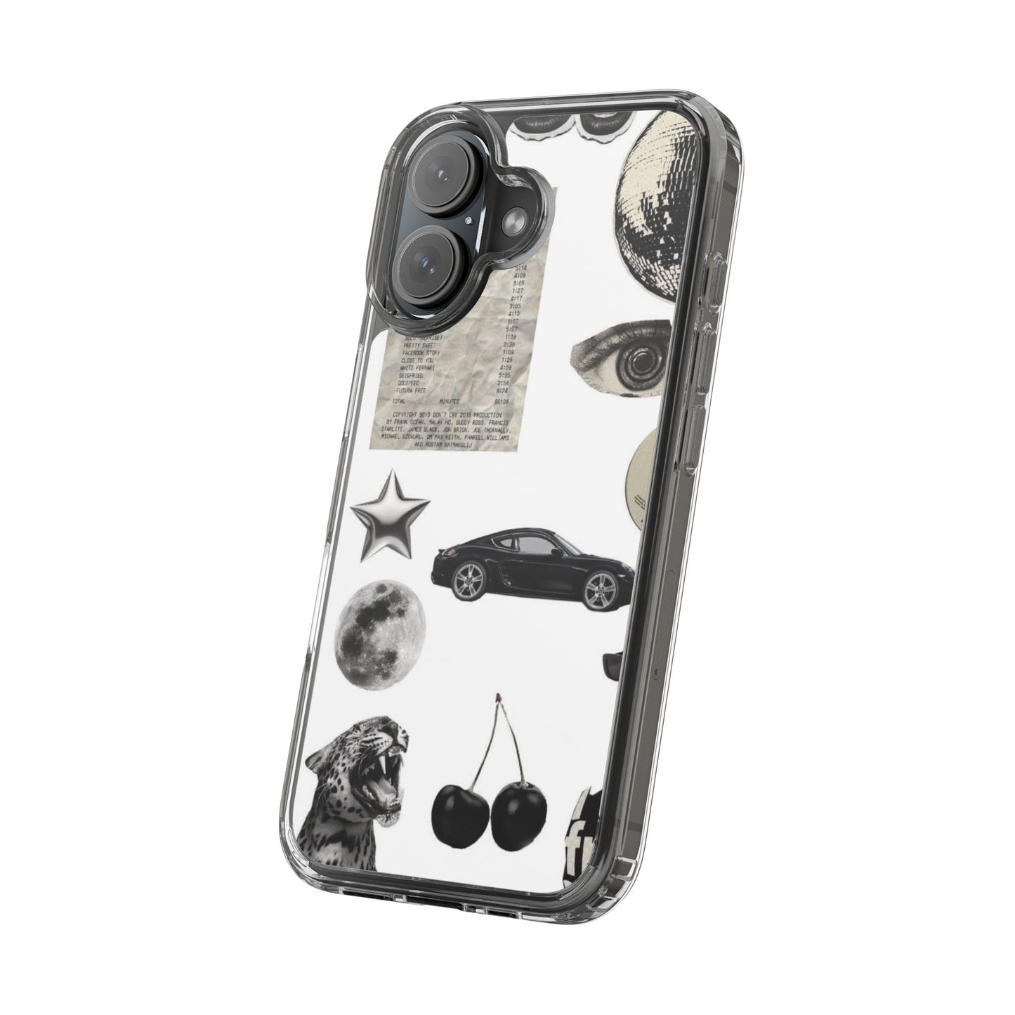 Clear Phone Case — Vintage Collage Stickers (Moon, Eye, Car, Cherries)