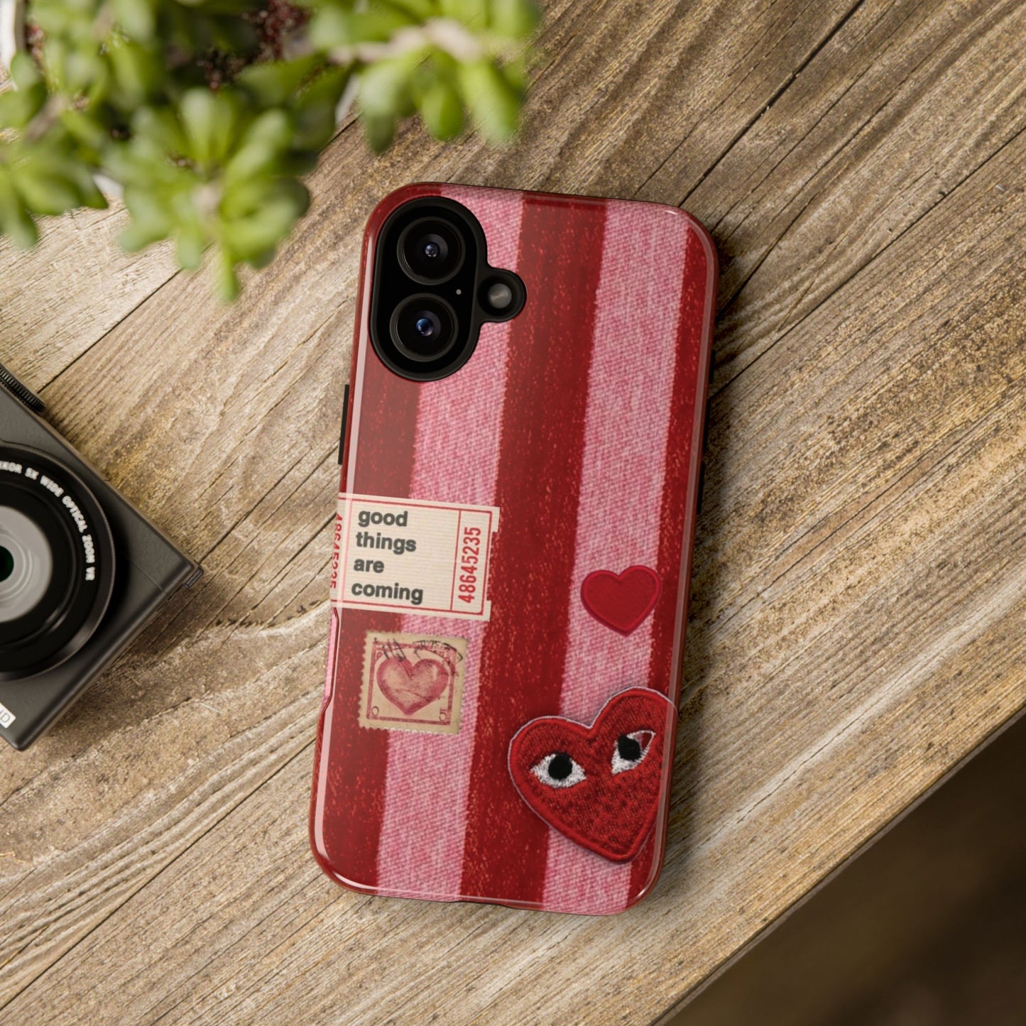 Phone Case — Red Striped Heart Design with “Good Things Are Coming”