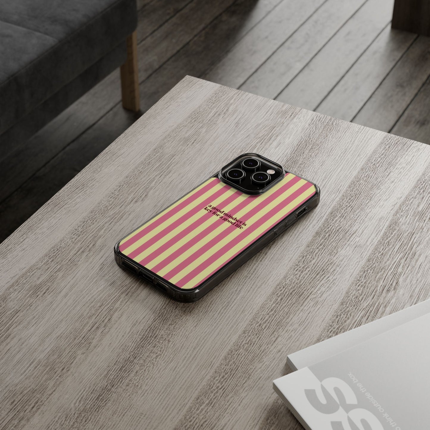 Striped Clear Phone Case — "A Good Mindset Is Key for a Good Life" Motivational iPhone Case
