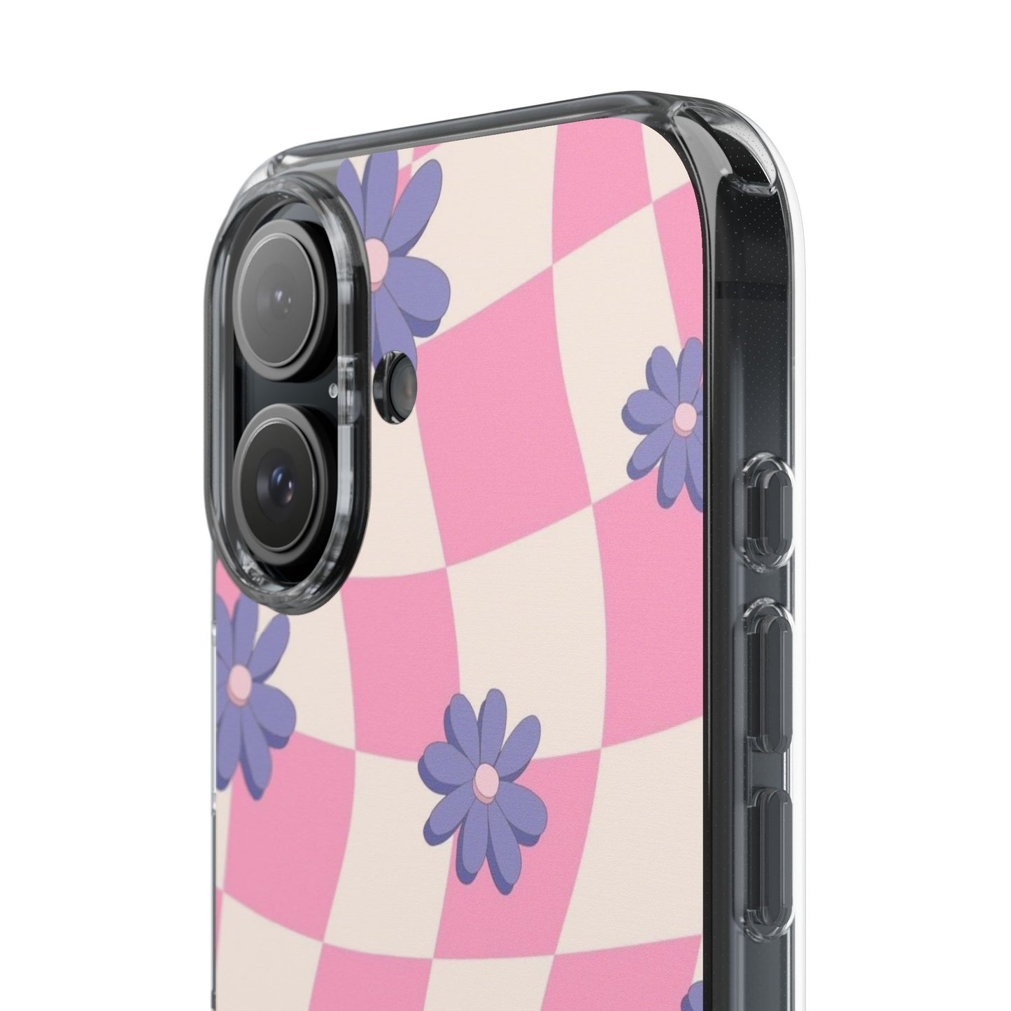 Clear Impact Phone Case — Pink Checkerboard with Purple Flowers