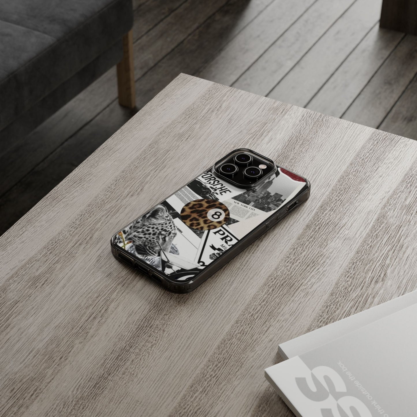 Clear Impact-Resistant Phone Case — Collage Luxury Leopard & Vintage Car Design