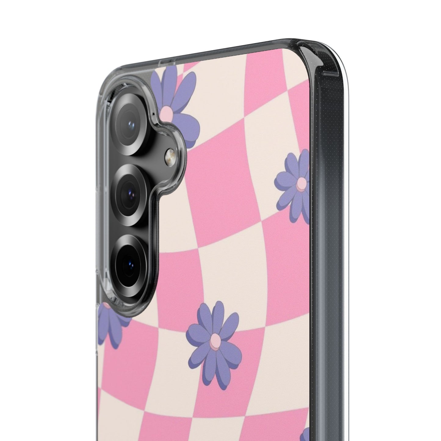 Clear Impact Phone Case — Pink Checkerboard with Purple Flowers