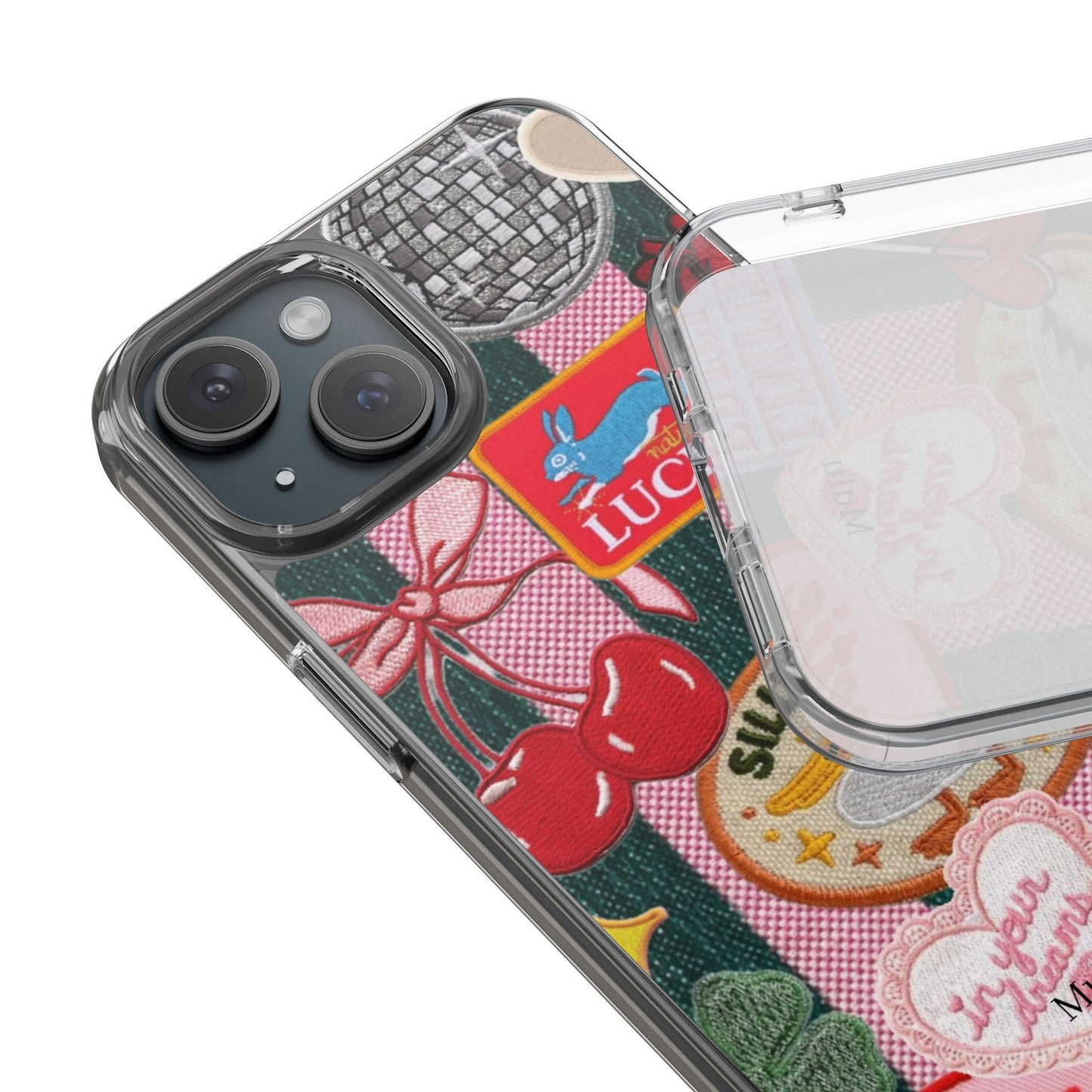 Clear Impact-Resistant Phone Case — Retro Patchwork Stickers (Lucky, Cherries, Silly Goose)