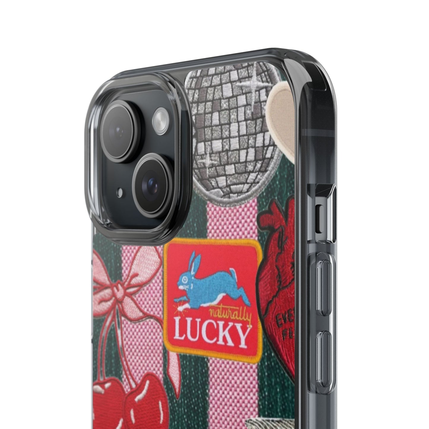 Clear Impact-Resistant Phone Case — Retro Patchwork Stickers (Lucky, Cherries, Silly Goose)