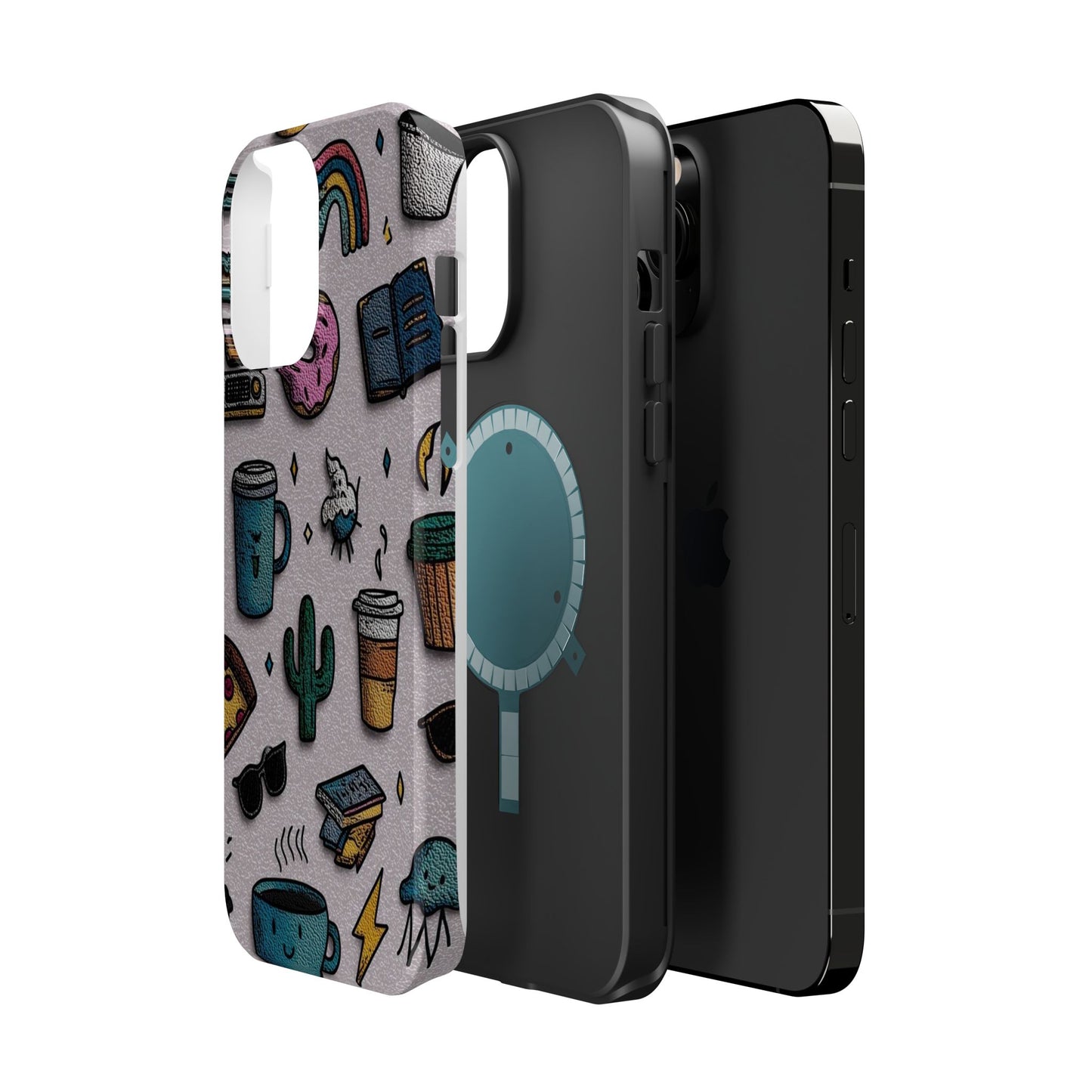Cute Doodle Phone Case — Magnetic Impact-Resistant Design (coffee, rainbow, cactus)
