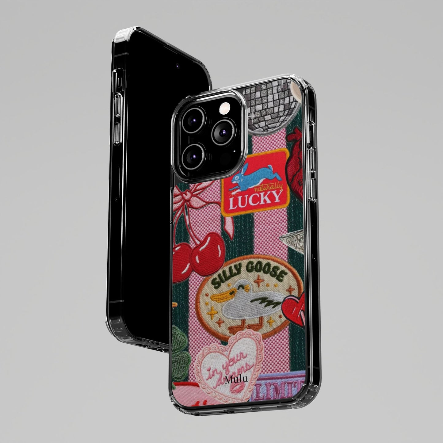 Clear Impact-Resistant Phone Case — Retro Patchwork Stickers (Lucky, Cherries, Silly Goose)