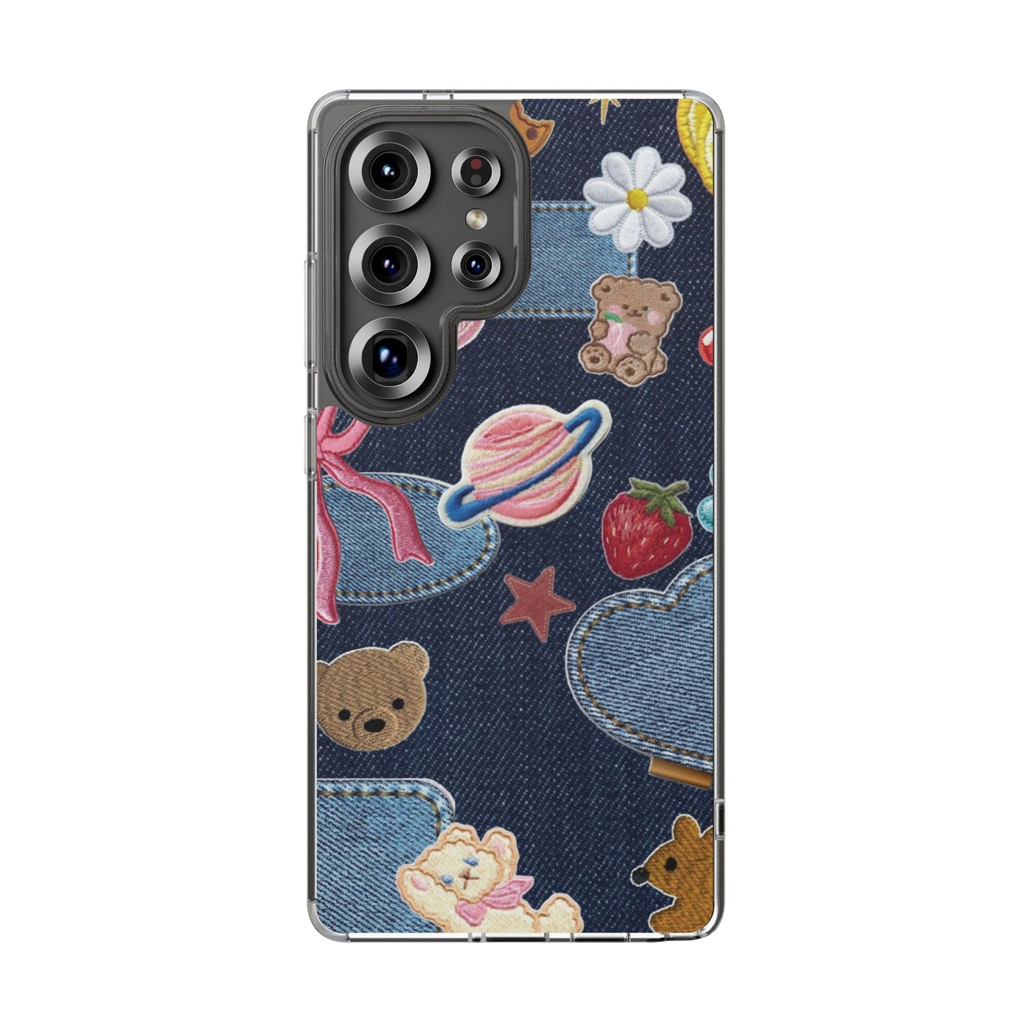 Clear Impact-Resistant Phone Case — Cute Denim Patch Collage (Teddy, Strawberry, Planet)