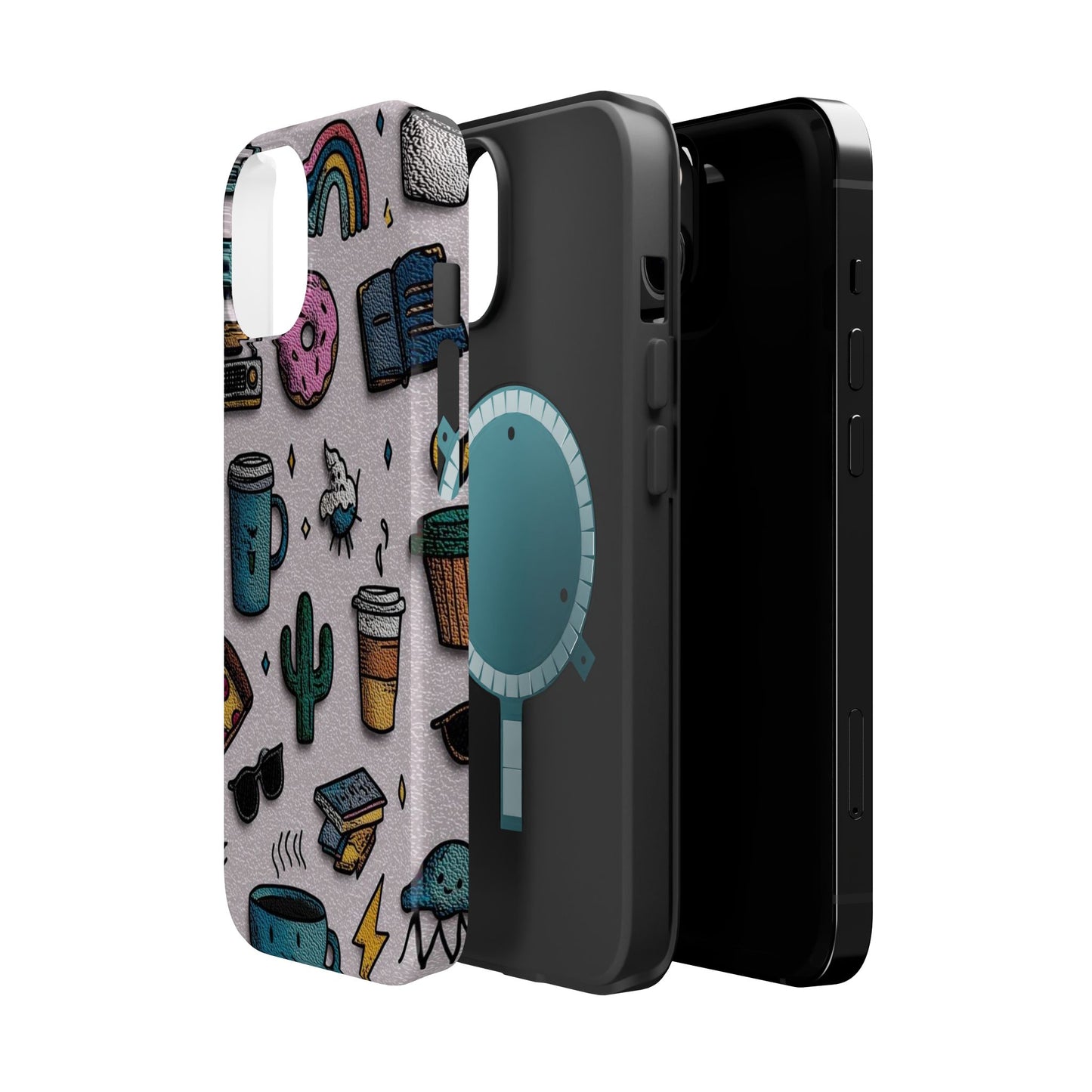 Cute Doodle Phone Case — Magnetic Impact-Resistant Design (coffee, rainbow, cactus)
