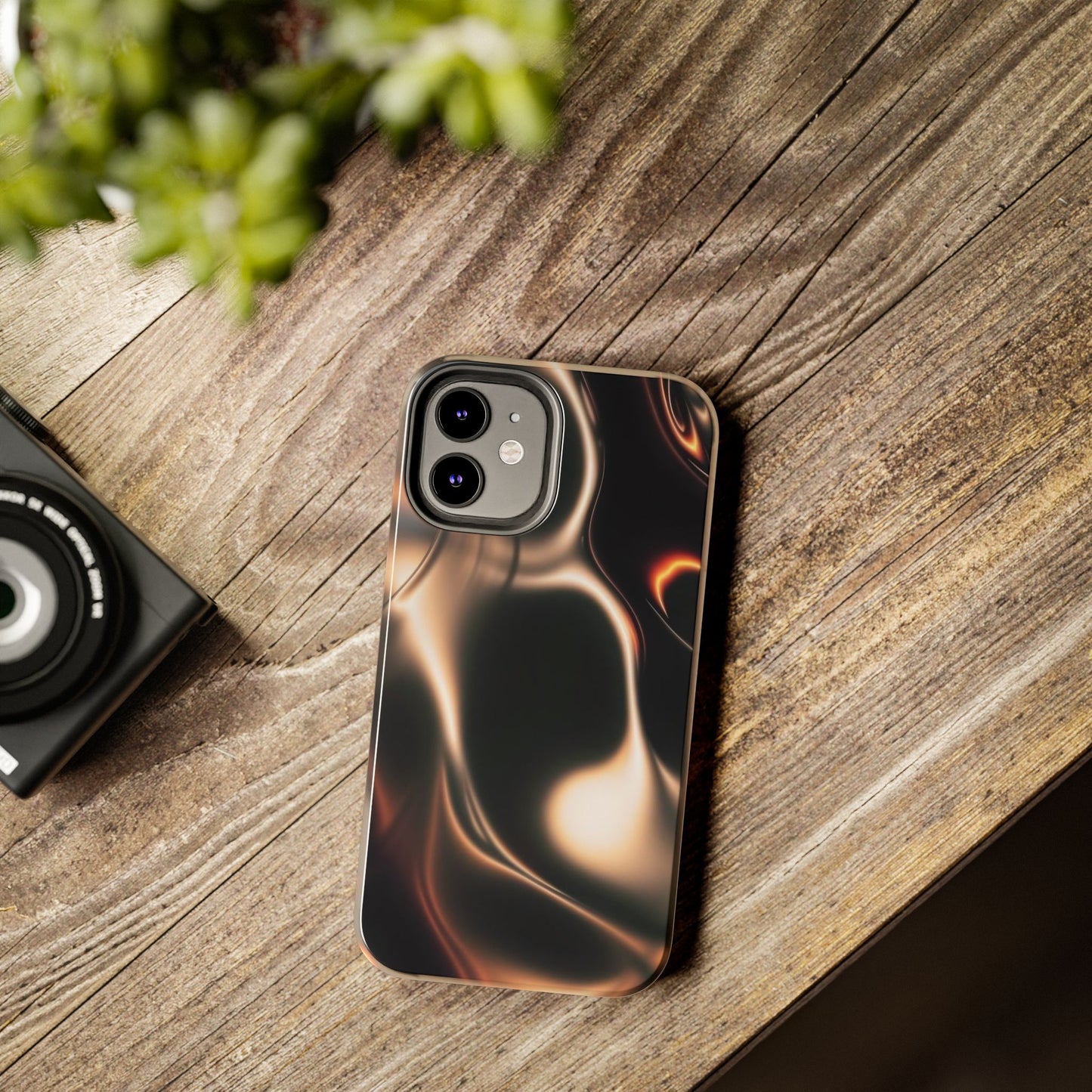 Abstract Liquid Glow Tough Phone Case — Black & Bronze Swirl Protective Cover