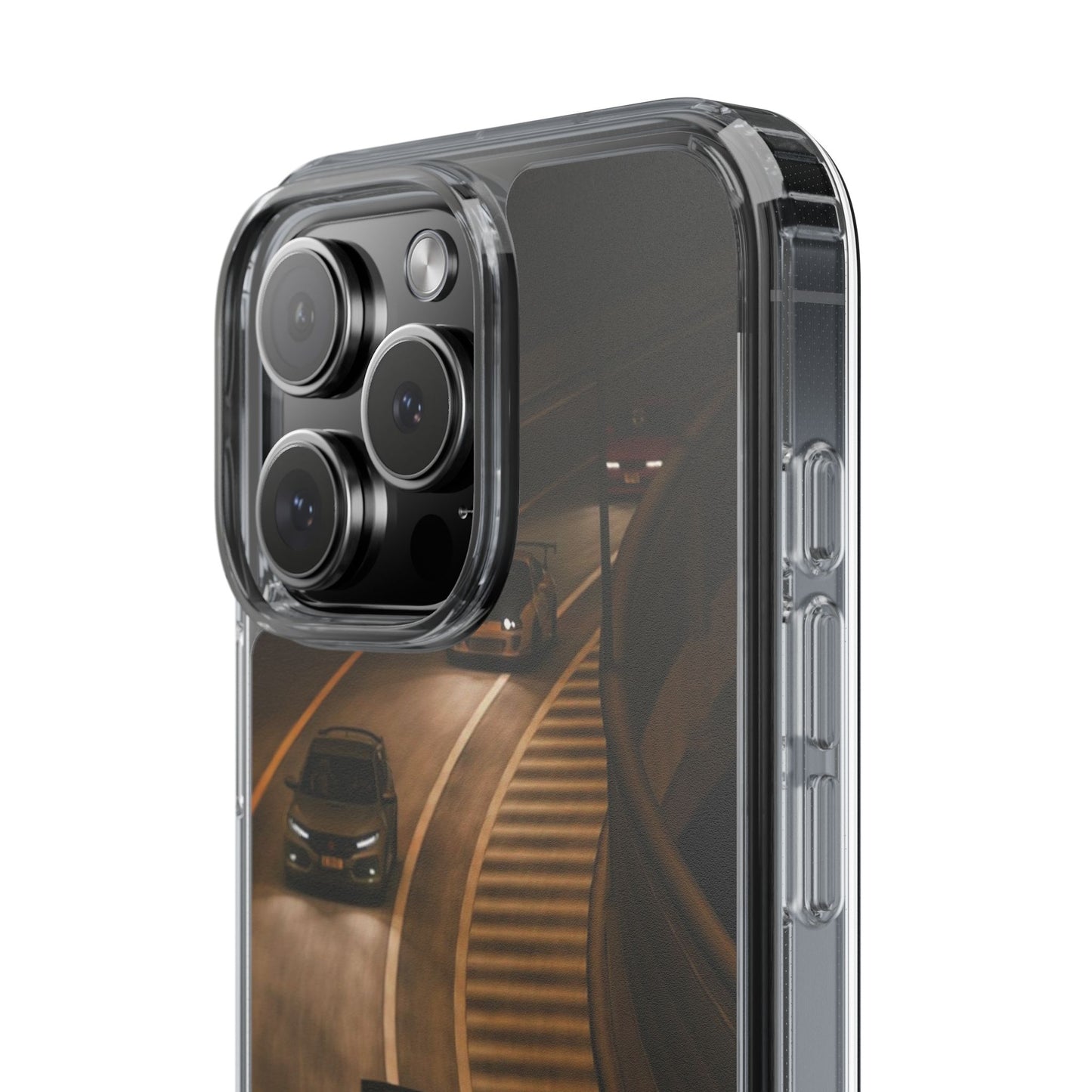 Racing Night Clear Phone Case – Sports Cars on Curved Highway
