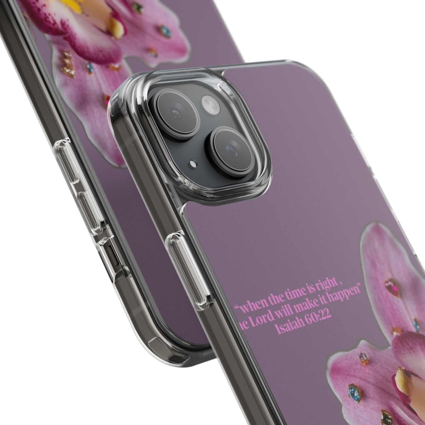 Clear Floral Impact-Resistant Phone Case — "When the time is right" Rose Orchid Design