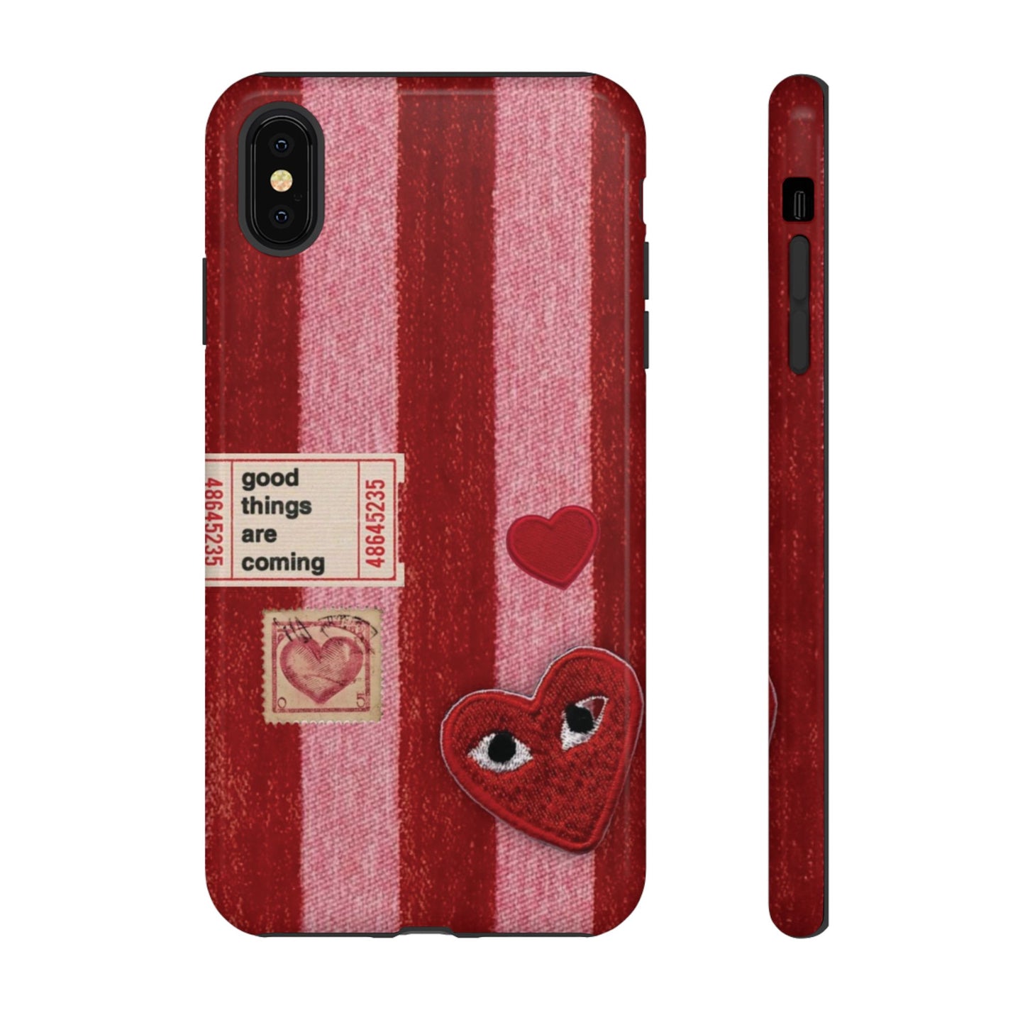 Phone Case — Red Striped Heart Design with “Good Things Are Coming”