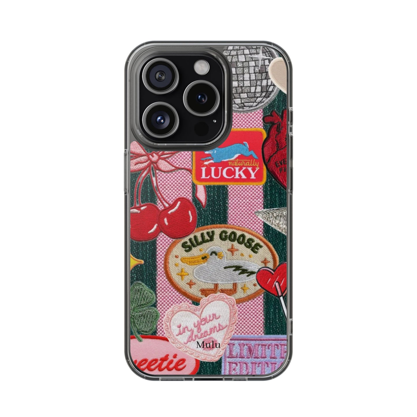 Clear Impact-Resistant Phone Case — Retro Patchwork Stickers (Lucky, Cherries, Silly Goose)